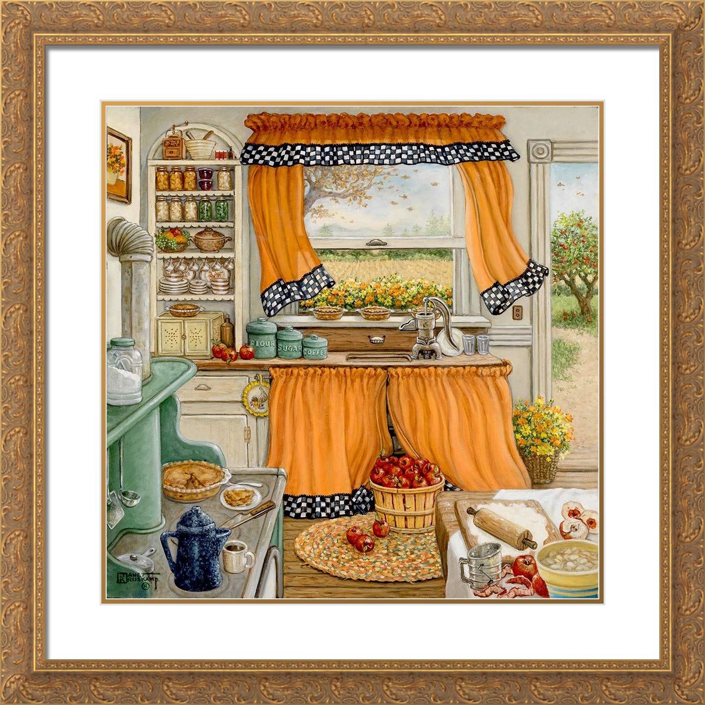 15x15 Gold Ornate Framed Double Matted Museum Art Print - Pie Baking Day by Janet Kruskamp | Vintage Kitchen Decor, Baking Gift, Home Wall Art for Dining Room & Farmhouse Style