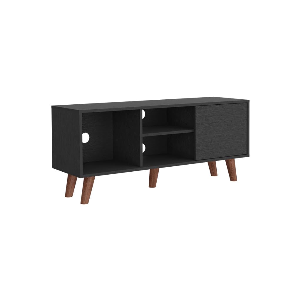 Tuhome 57 Inch TV Stand with 3 Shelves and Single Door Cabinet - Black for Living Room, Bedroom, or Home Theater Setup