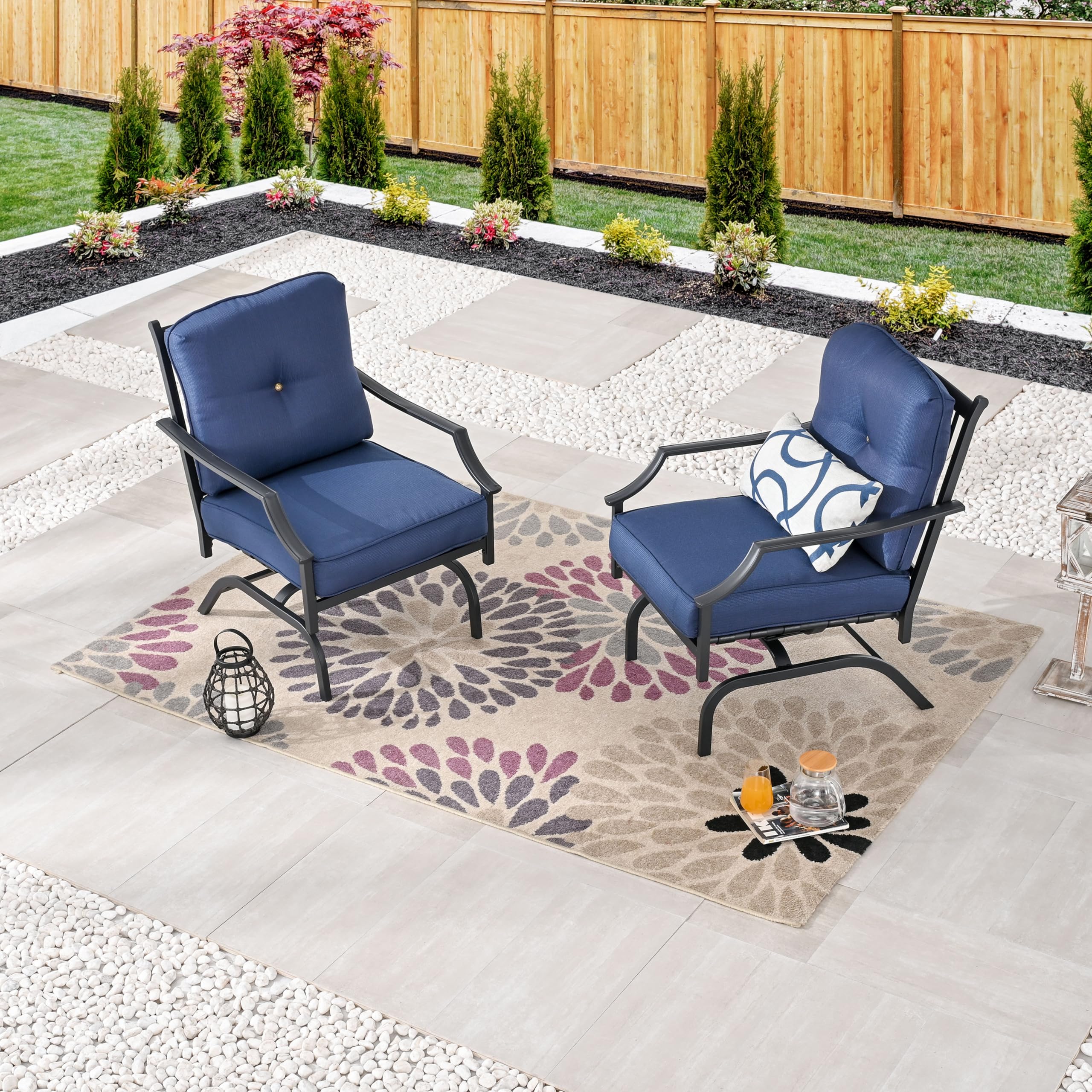 LOKATSE HOME 2-Piece Outdoor Metal Patio Chairs Set with Cushions - Blue Bistro Dining Armchairs for Garden, Balcony, and Backyard Conversation Seating