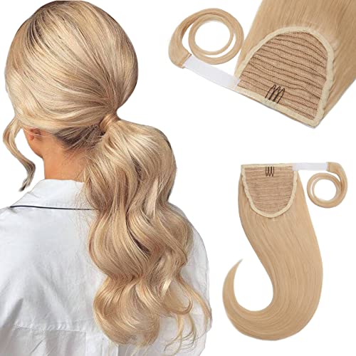 Benehair 20-inch Straight Ponytail Hair Extension Wrap - Real Human Hair with Magic Paste for Volume (Bleach Blonde #613) | Women's Natural One-Piece Hairpieces for Everyday, Parties & Special Occasions