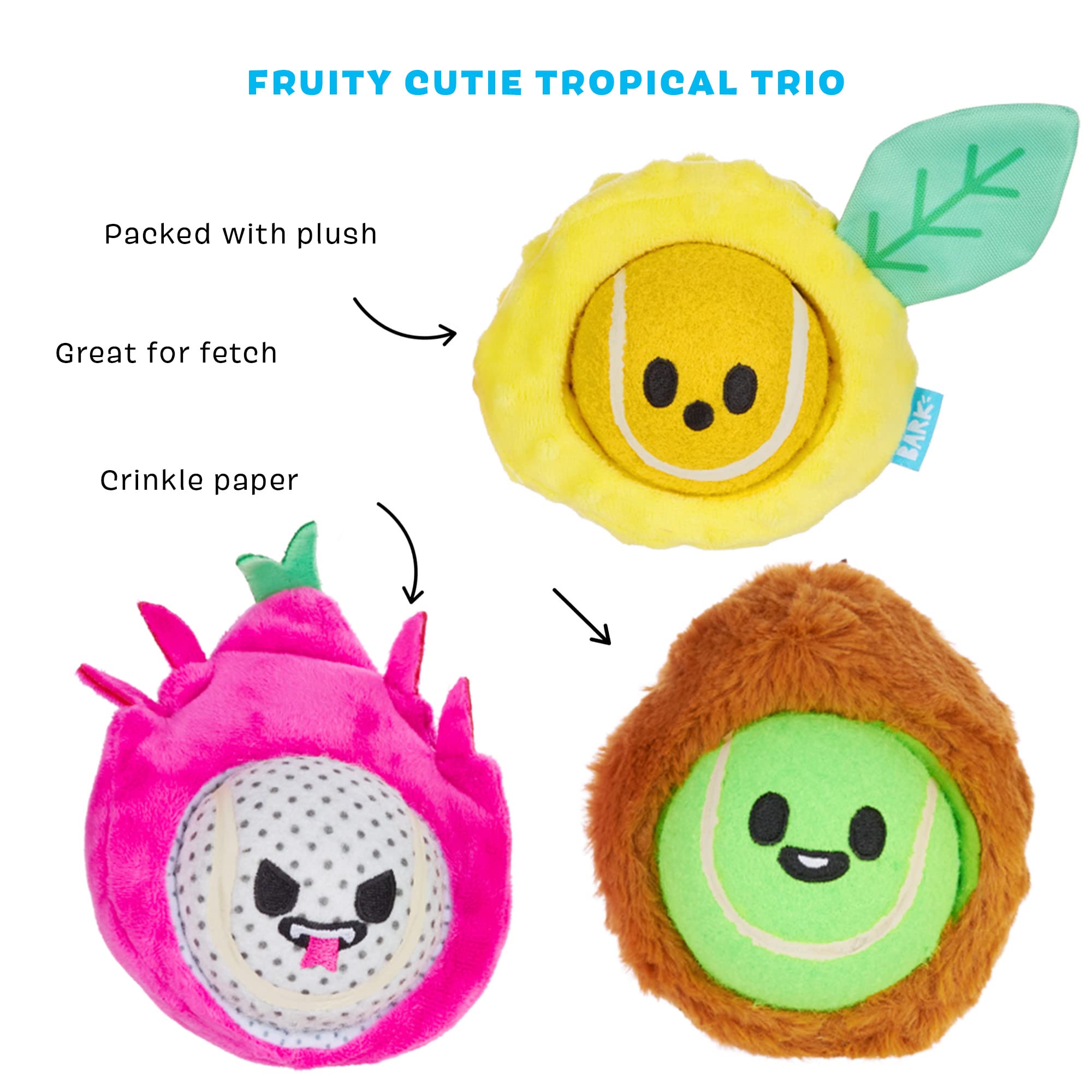**Barkbox Dog Toys – Fruity Cutie Tropical Trio Squeaker Ball Interactive Chew Toys – Durable & Tough Tennis Balls for Training, Exercise & Boredom Relief – Stimulating Plush Toys for Large Breed Dogs – Perfect for Playtime, Fetch & Mental Stimulation**