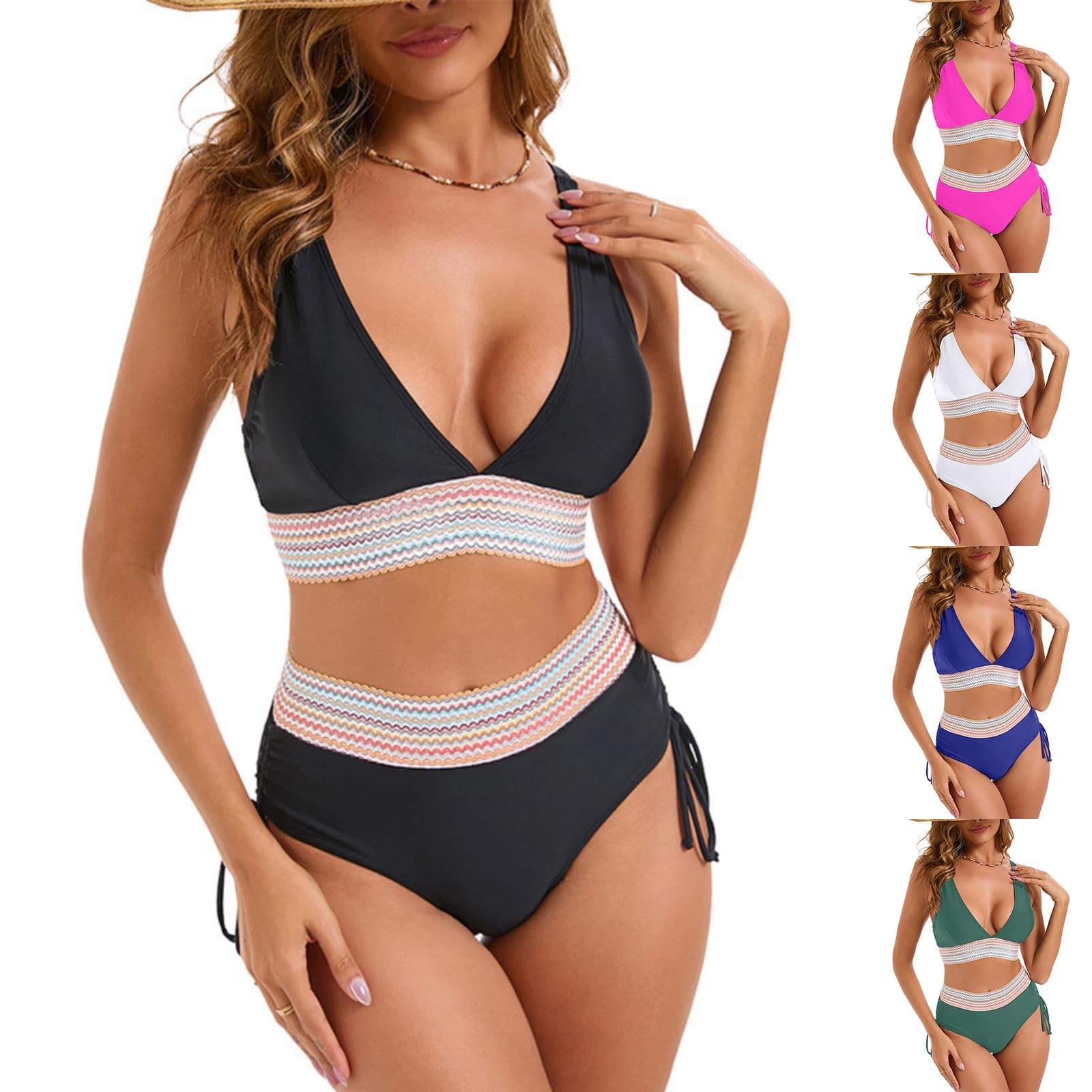 2 Piece Swimsuit for Women - Full Coverage Bikini Set with High Waist | Color Block Two Piece Bathing Suit | Perfect for Beach Vacation, Pool Party & Summer Getaways