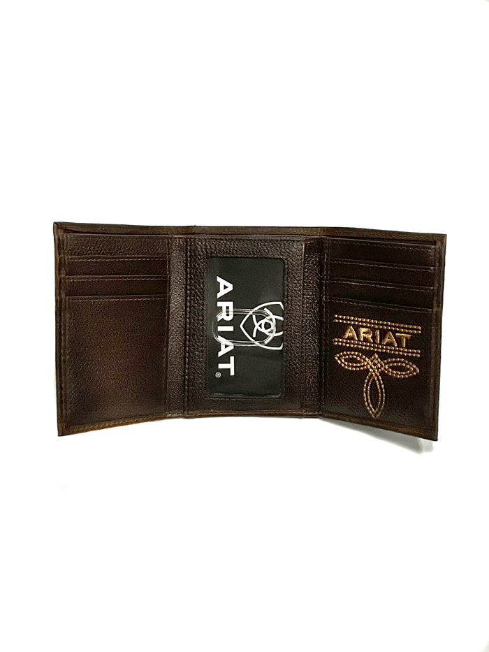 Ariat A35492282 Men's Trifold Wallet with Mexico Flag Logo - Genuine Leather Brown Bifold Wallet for Men - Perfect for Everyday Use, Travel & Gifts