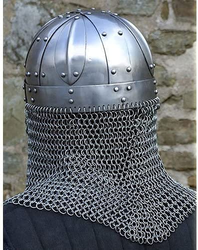 Viking Helmet Battle Armor - 18G Steel Chainmail Mask with Silver Finish | Rustic Norse Warrior Costume Accessory | Medieval Cosplay, Halloween Costume, Home Decor & Unique Gift Idea