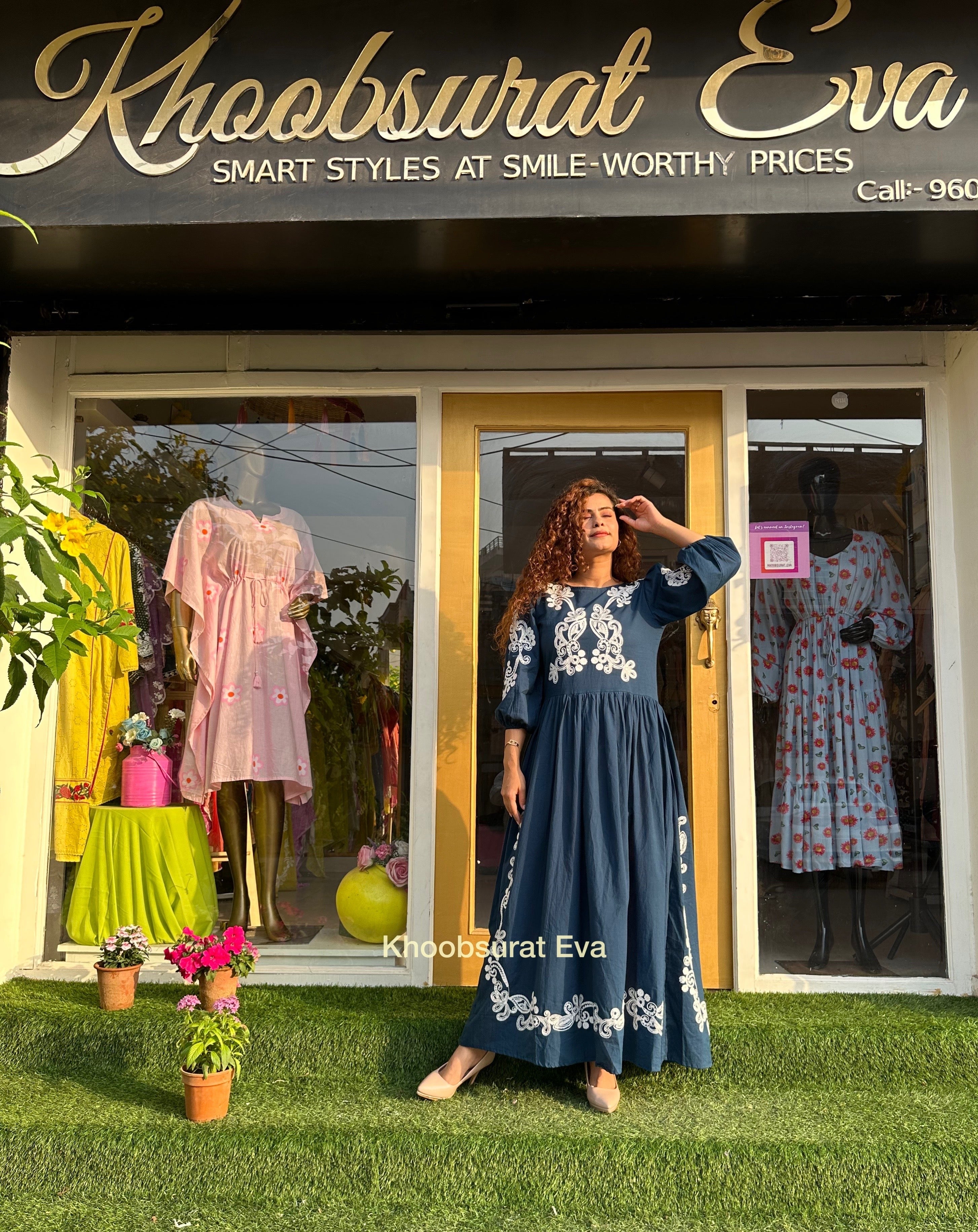 Women's Cotton Bloom Blue Maxi Dress - Flowy Summer Beach Dress for Vacation, Party & Casual Wear