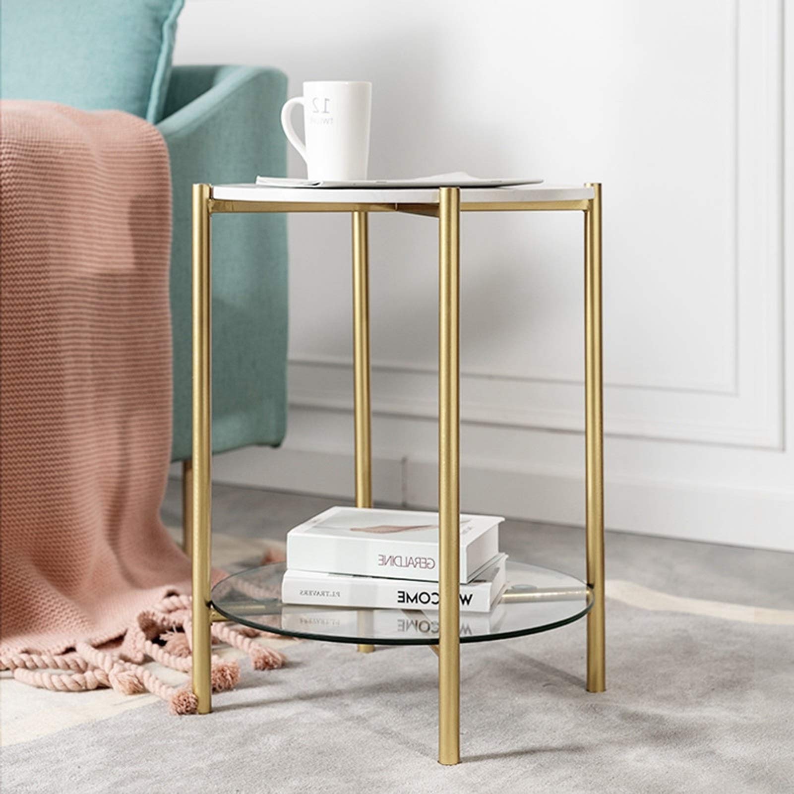Juan Marble & Tempered Glass 2-Tier Round Side Table - Golden Wrought Iron Nightstand for Living Room & Bedroom (45x60cm) - Perfect for Coffee Table, Sofa End Table, and Bedside Storage