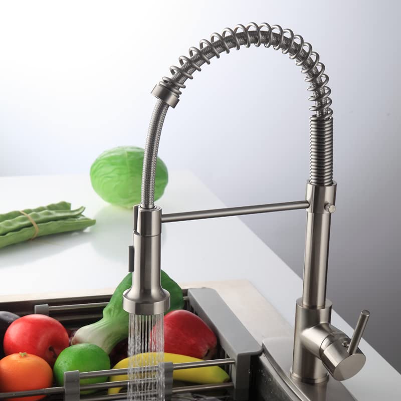 Brass Single Lever Kitchen Sink Mixer Tap with 360° Swivel & Pullout Sprayer - Multi-Function Spray Head Technology - Brushed Nickel Finish for Modern Kitchens (Easy Installation & Water Saving Design)