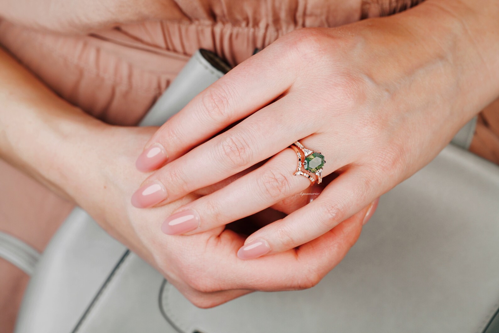 Hexagon Green Moss Agate Ring Set - 14K Rose Gold Vermeil Jewelry for Women, Elegant Stackable Rings for Everyday Wear, Gift for Her, Birthday & Anniversary Present