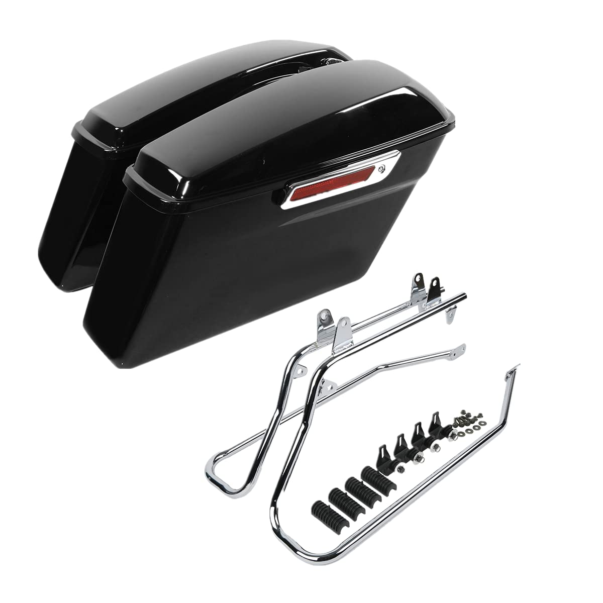 XFMT Vivid Black Hard Motorcycle Saddlebags with Chrome Conversion Bracket - Compatible with Harley Softail Heritage Deluxe 1984-2017 - Durable Storage for Long Rides & Road Trips