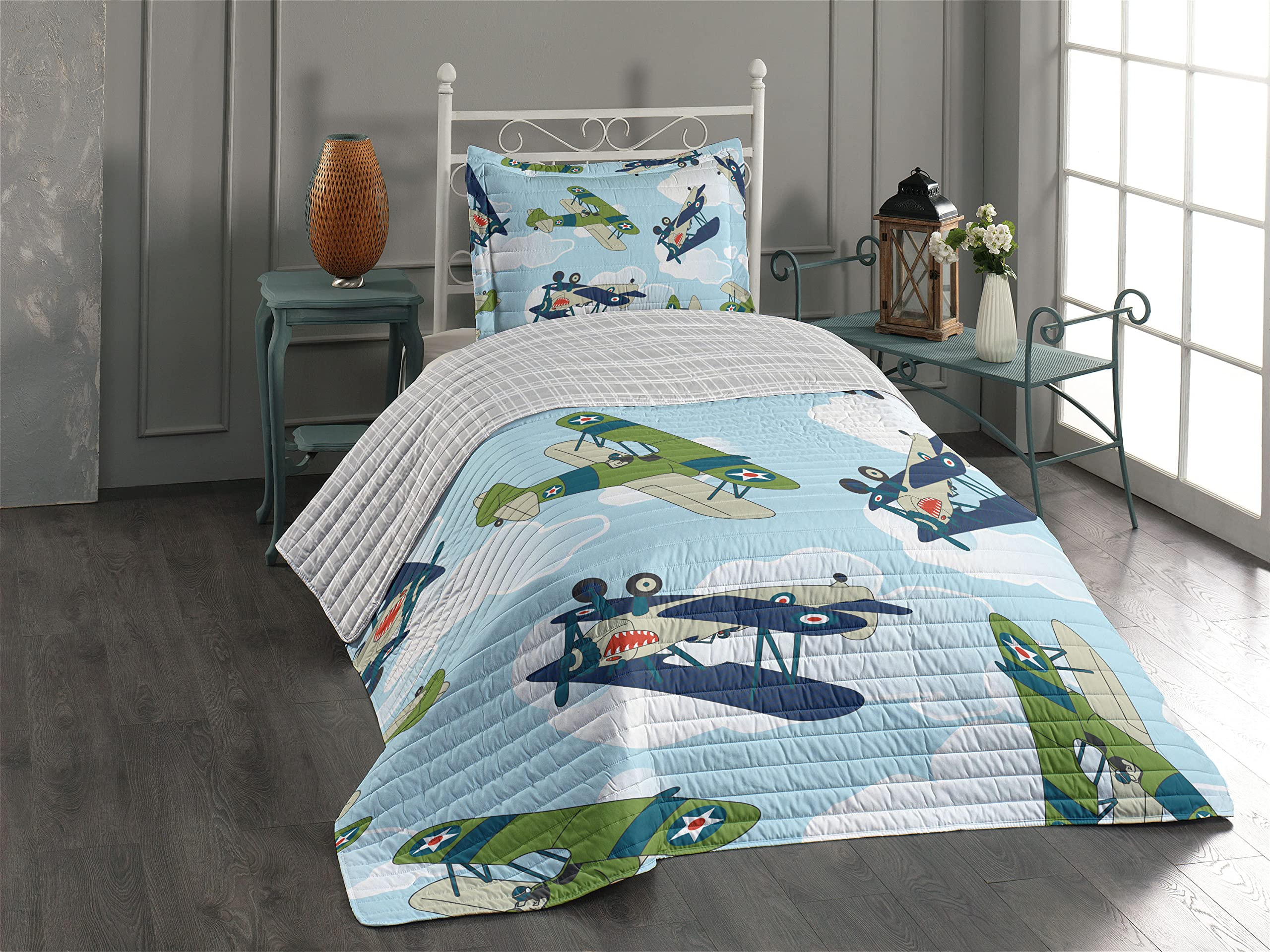 Ambesonne Vintage Allied Plane Reversible Bedspread Set - Cartoon Shark Teeth Design, Microfiber Comforter & Pillow Shams, Twin Size in Blue White Olive Green - Perfect for Kids Room, Aviation Themed Bedroom Decor & Unique Gift for Plane Lovers
