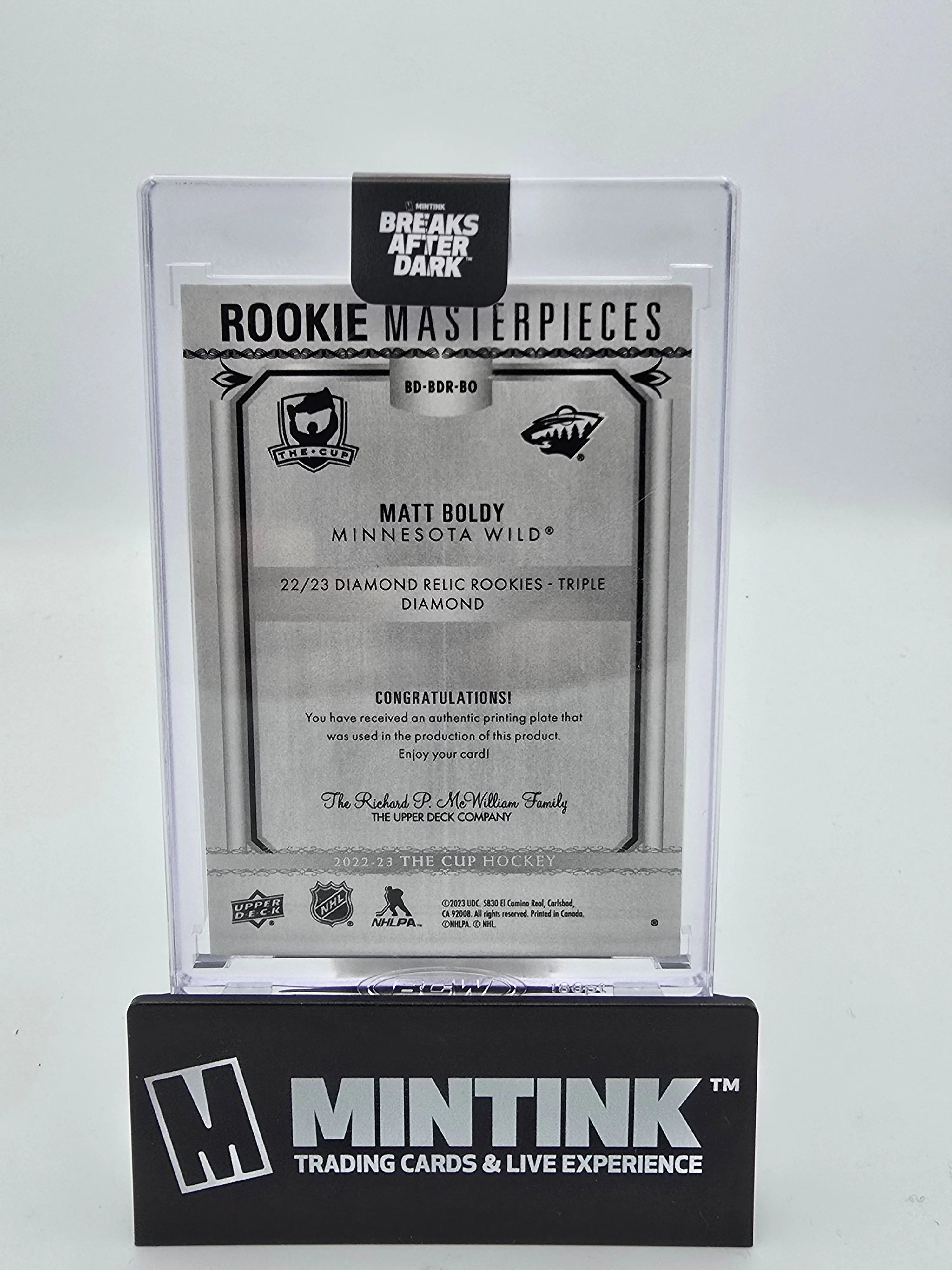 2022-23 Upper Deck The Cup Hockey Matt Boldy Rookie Masterpieces Triple Diamond Cyan Print Plate 1/1 - Rare Collectible for Hockey Fans & Sports Memorabilia Collectors - Perfect for Display, Investment, and Gifting