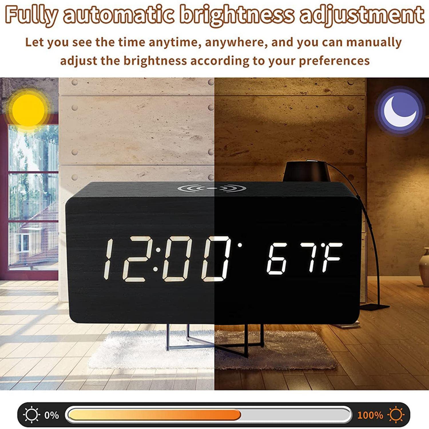 HOHOVYVY Digital Alarm Clock with 10W Fast Wireless Charger for iPhone & Android - USB Charging Port, Dimmable LED Display, Battery Backup & Speaker - Wooden Bedside Clock for Home, Office & Travel (White)