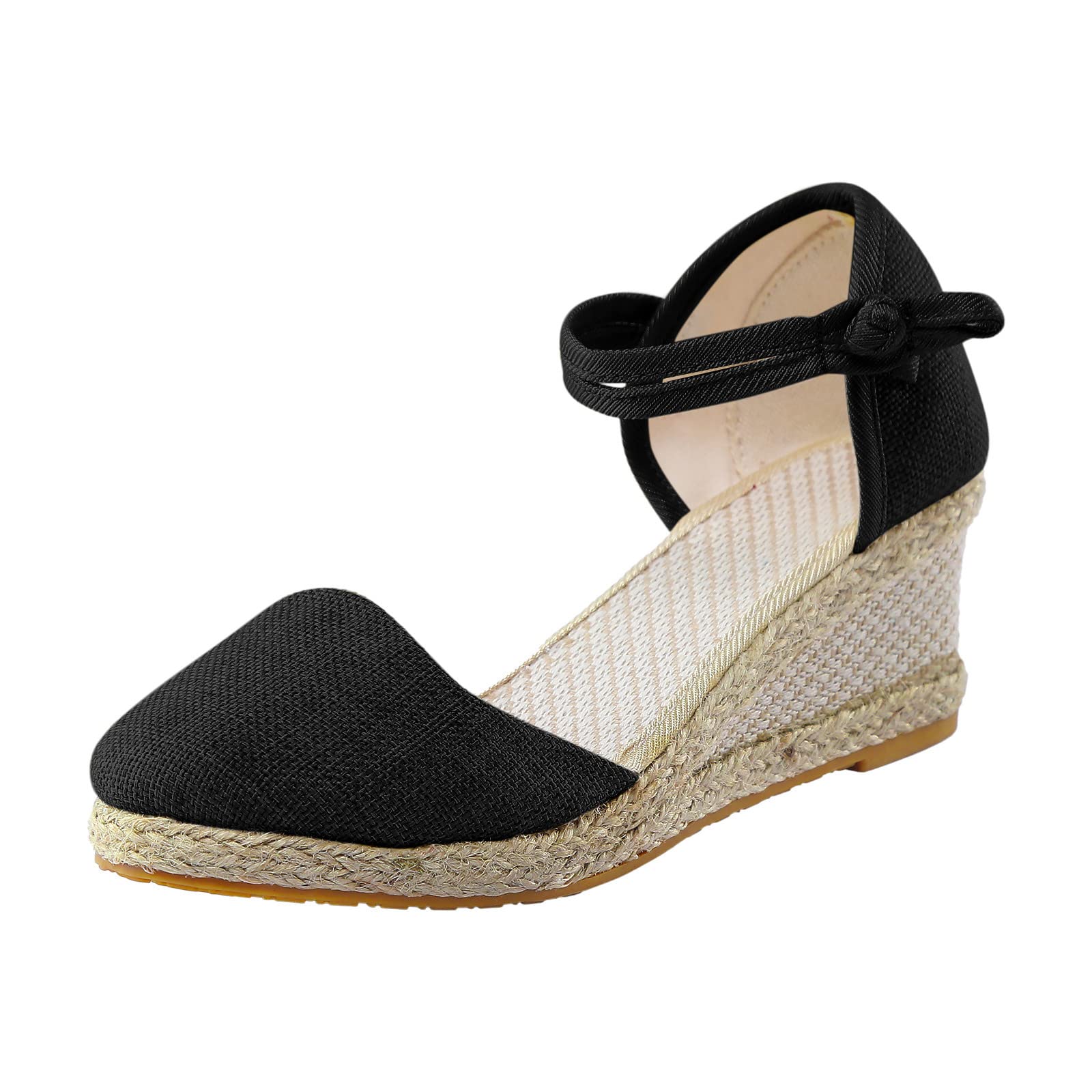 Women's Black Flat Sandals with Braided Buckle - Comfortable Platform Wedge Sandals for Summer | Breathable & Versatile Design for Beach, Vacation & Casual Outfits