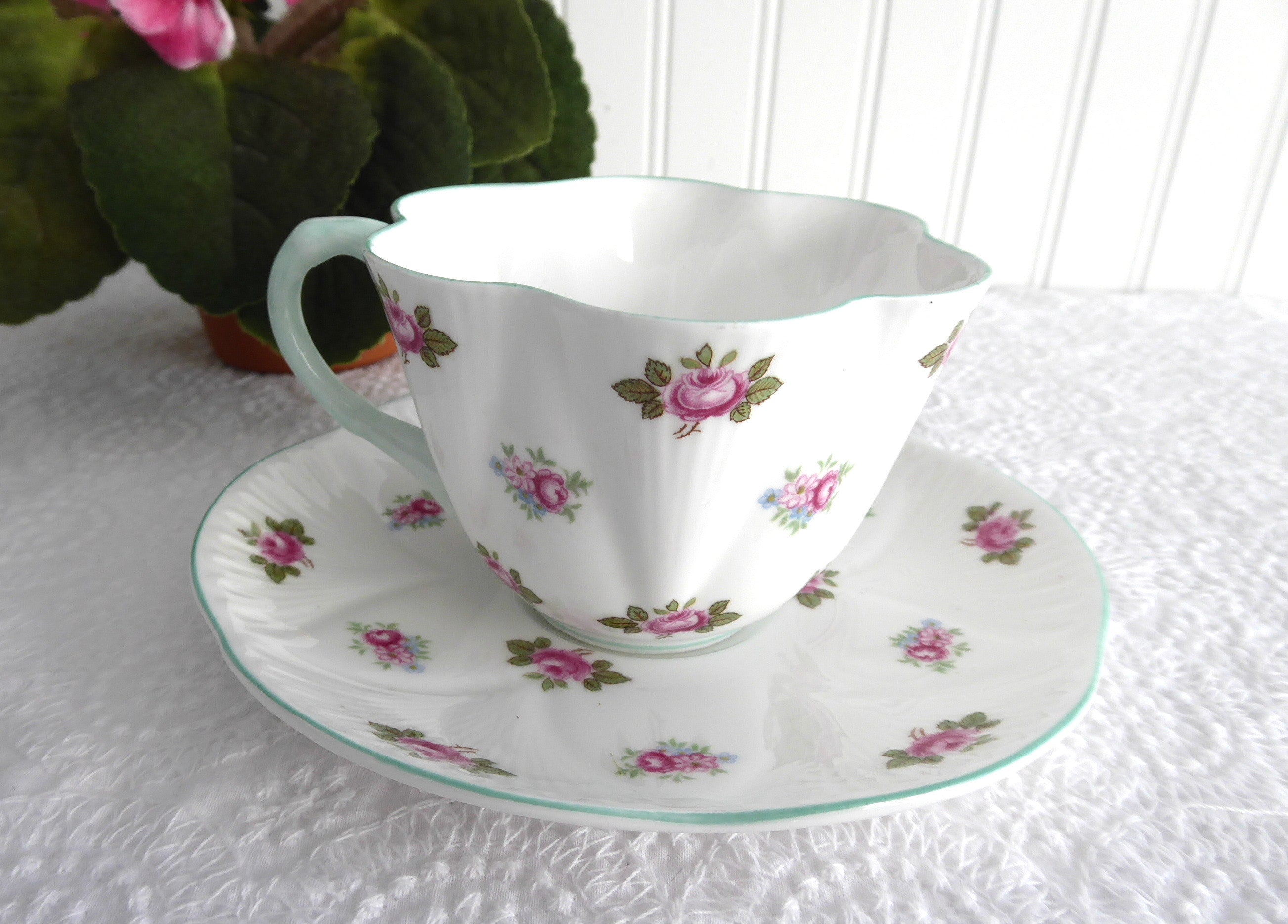 Elegant Shelley Teacup and Saucer Set - Vintage Rosebud Design with Blue Trim, Fine Bone China - Perfect for Afternoon Tea, Bridal Showers & English Tea Parties