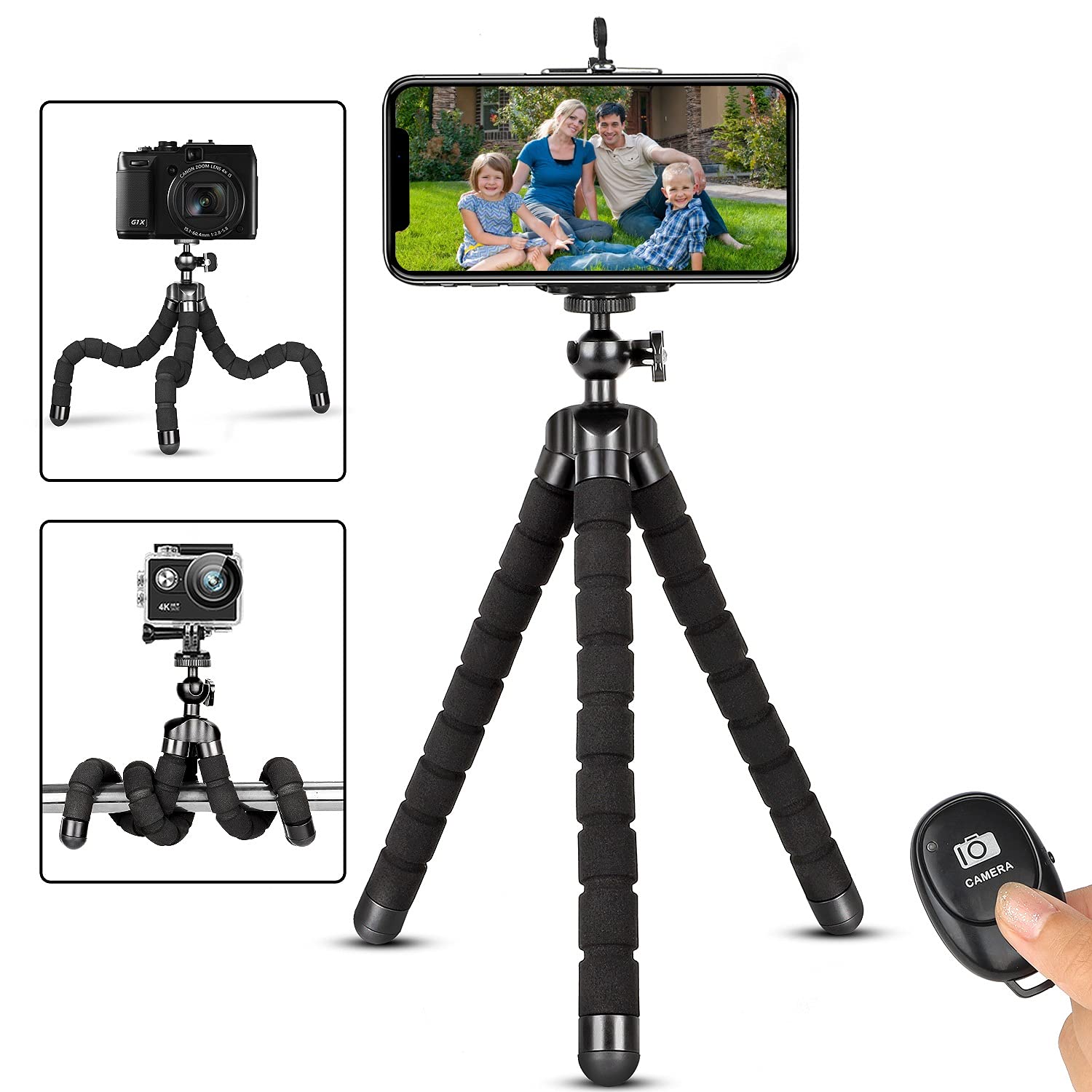 Portable Adjustable Phone Tripod Stand with Remote & Universal Clip - Compatible with iPhone, Android, Camera | Compact, Flexible Holder for Vlogging, Live Streaming & Photography (Black)