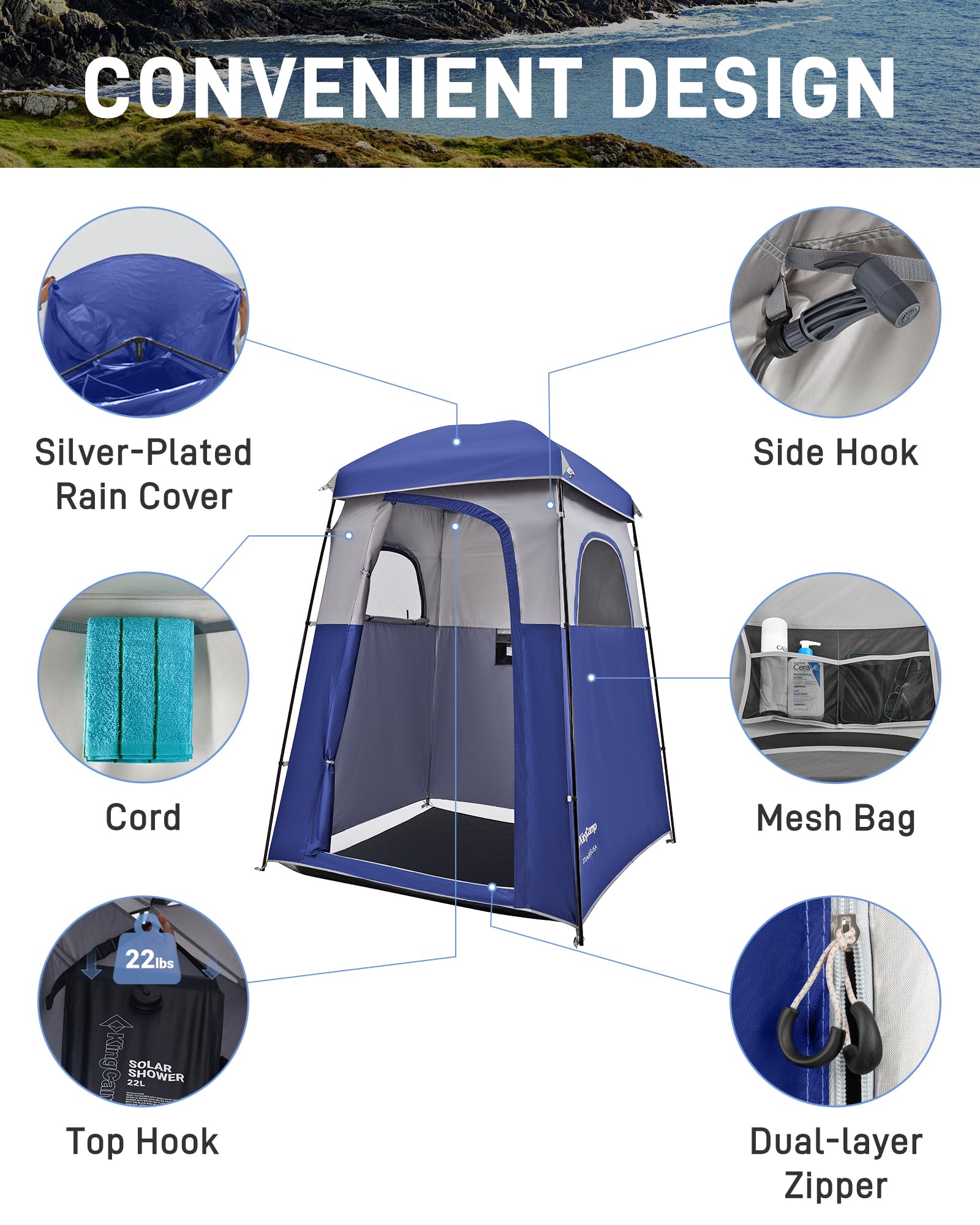 KingCamp Oversized Camping Shower Tent - Portable Privacy Shelter for Outdoor Showers & Changing Room | Includes Shower Bag | Easy Setup (1 or 2 Room Options) | Perfect for Camping, Hiking, Beach & RV Trips