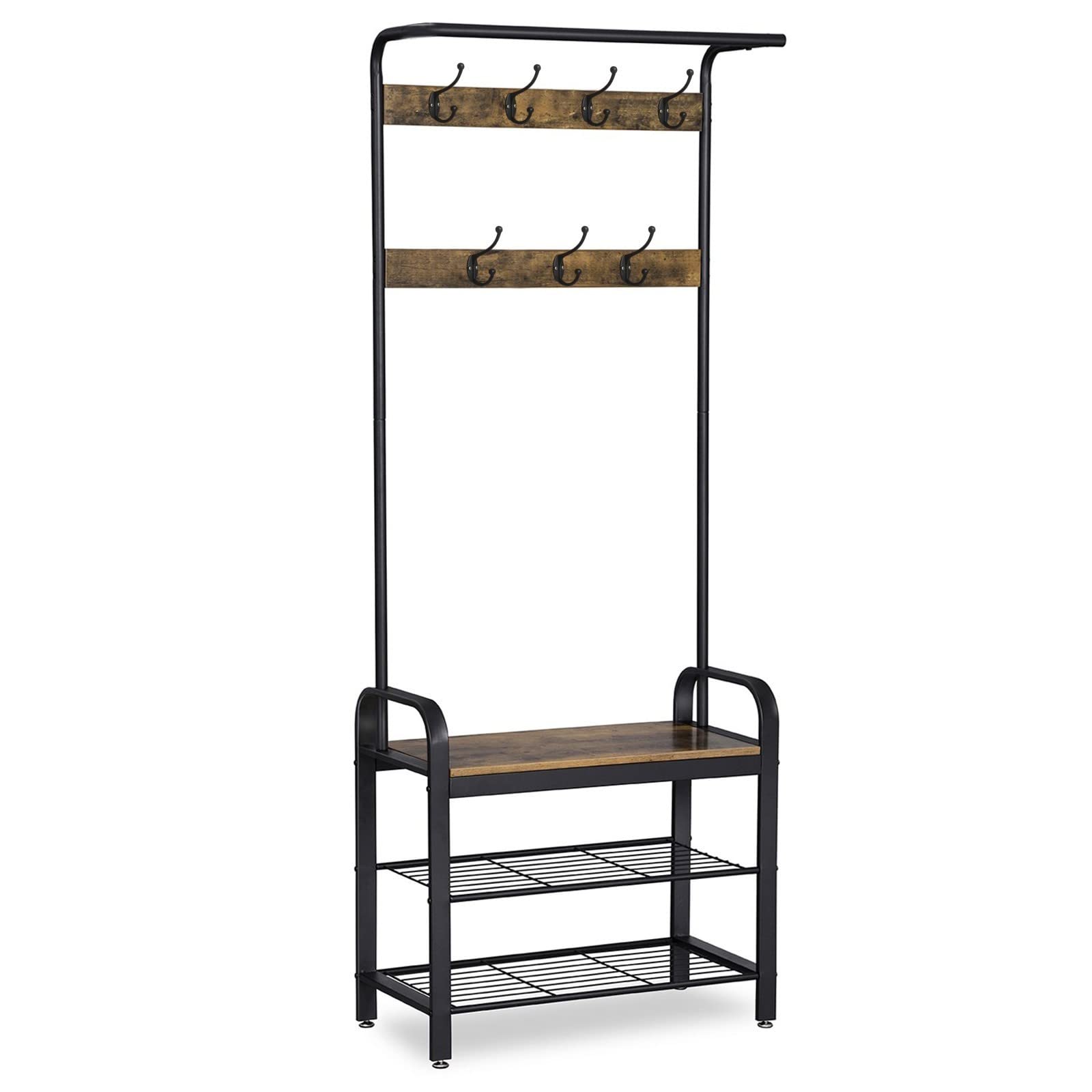 Industrial Coat Rack Shoe Bench - 3-in-1 Entryway Storage Solution with 3-Tier Shelf & 7 Removable Hooks, Hall Tree Organizer for Shoes, Coats & Bags - Perfect for Small Spaces, Apartments & Mudroom Organization (Retro Style, One Size)