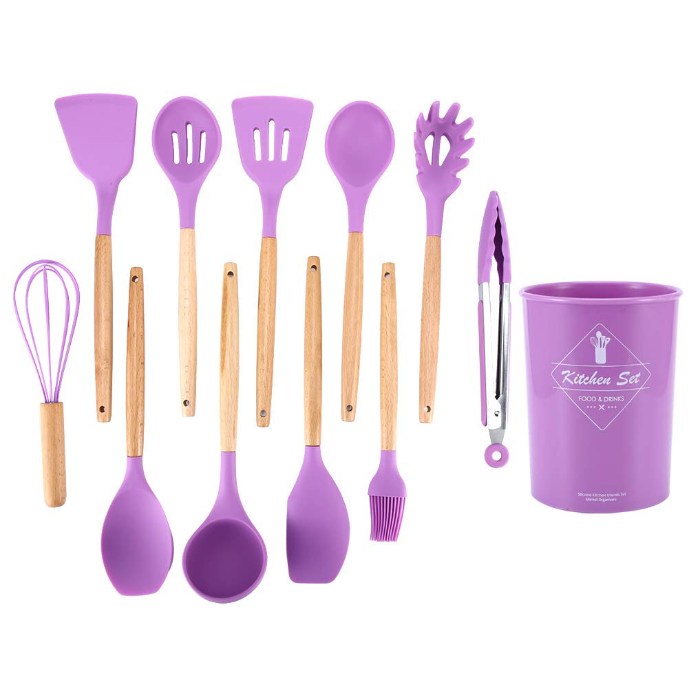 12Pcs Purple Silicone Cooking Utensil Set with Stainless Steel Handle & Holder, Non-Stick Kitchen Spatula Cookware for Baking, Frying & Everyday Cooking