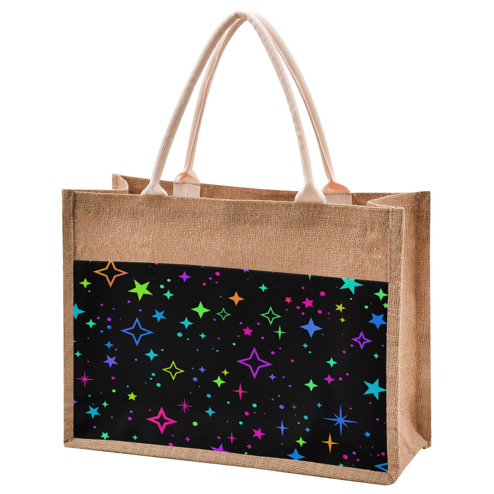 Eco-Friendly Bright Neon Stars Jute Tote Bag - Waterproof Burlap Straw Grocery Shopping Bag for Beach, Travel & Daily Use | Reusable & Durable