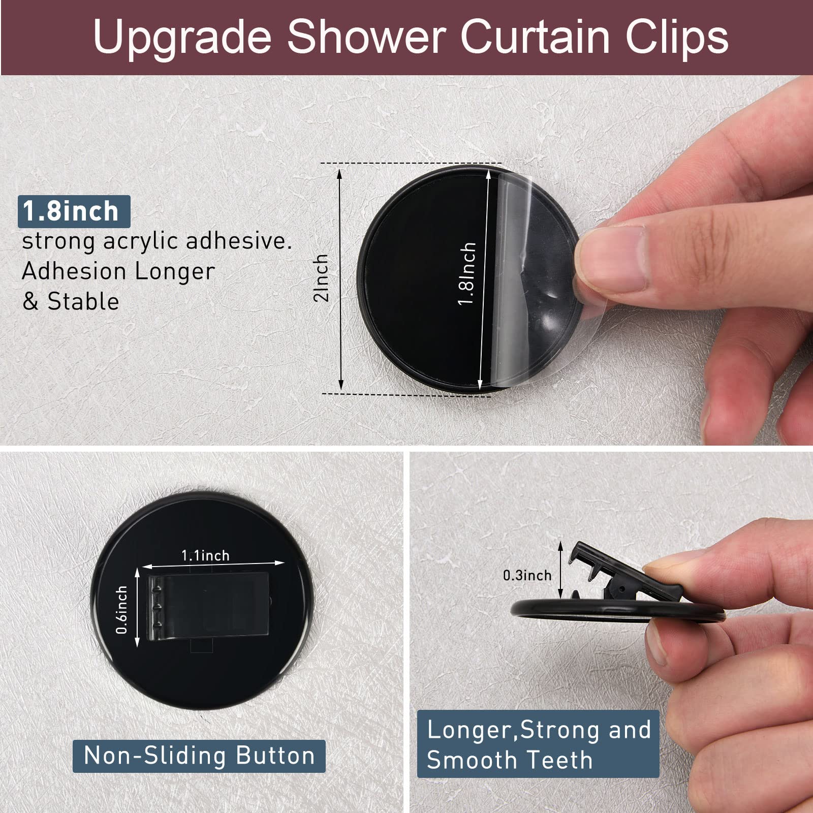 Windproof Shower Curtain Clips - Mate Leon Self-Adhesive Splash Guard Clips for Bathroom (Black, 6 Pack) - Prevent Water Leaks & Keep Floor Dry