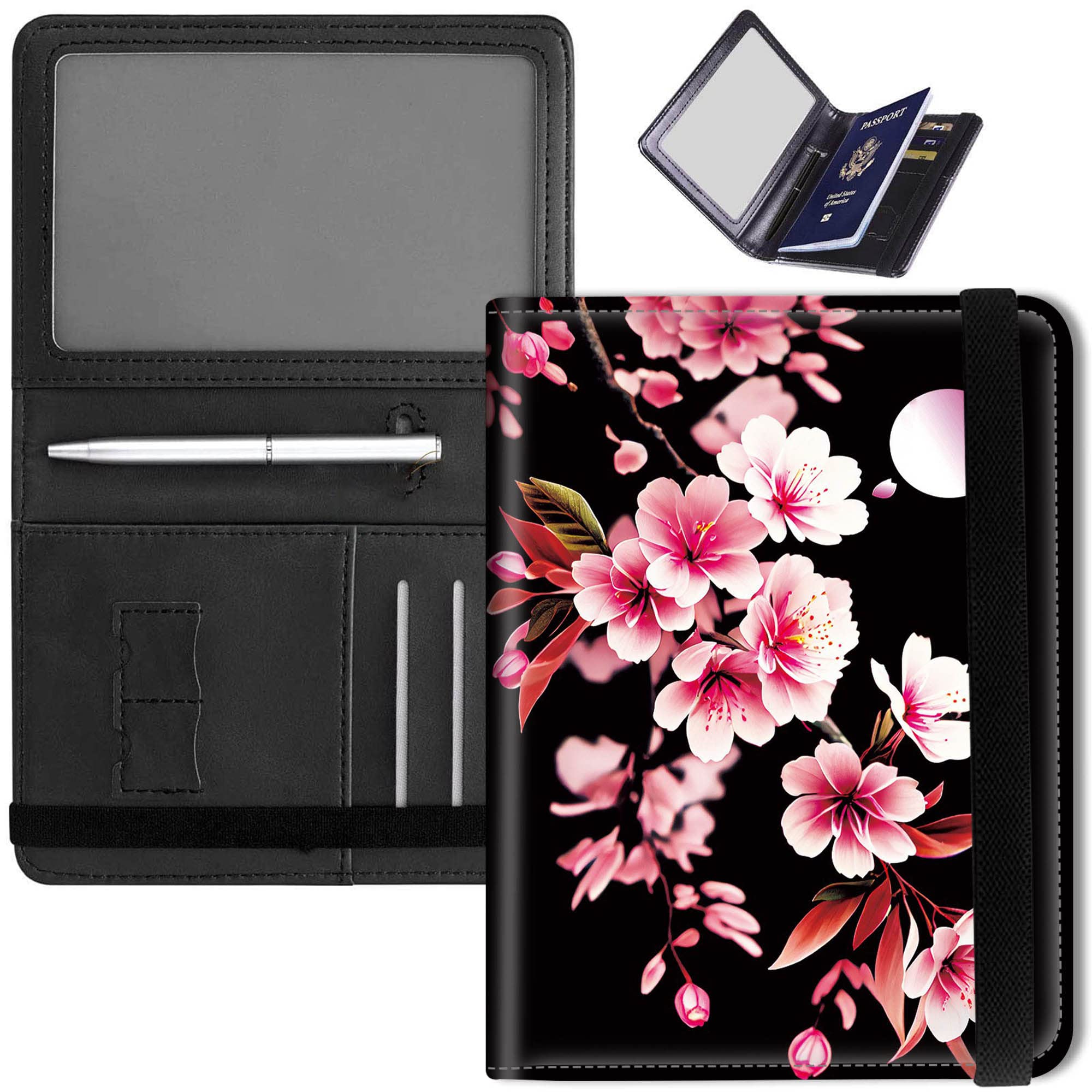 RFID Blocking Passport & Vaccine Card Holder - Sakura Cherry Blossom Moon Design Leather Wallet with Vaccination Card Slot | Travel Essentials for International Trips & Health Documentation Protection