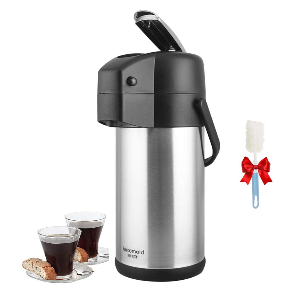 3L Stainless Steel Pump Airpot Hot & Cold Water Dispenser - Insulated Thermal Container Jug with Cleaning Brush - Perfect for Coffee, Tea, Office, Home & Outdoor Use