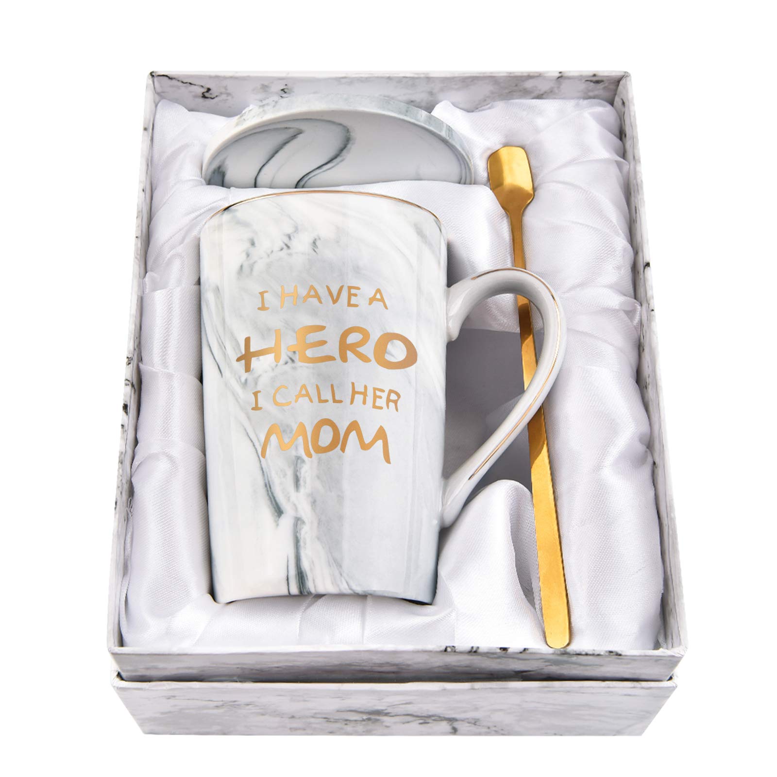 Hero Mom Coffee Mug - 14 Oz Marble Mug with Box, Spoon & Coaster - Best Mother's Day Gift from Daughter or Son - Perfect for Christmas, Birthdays & Daily Coffee Moments