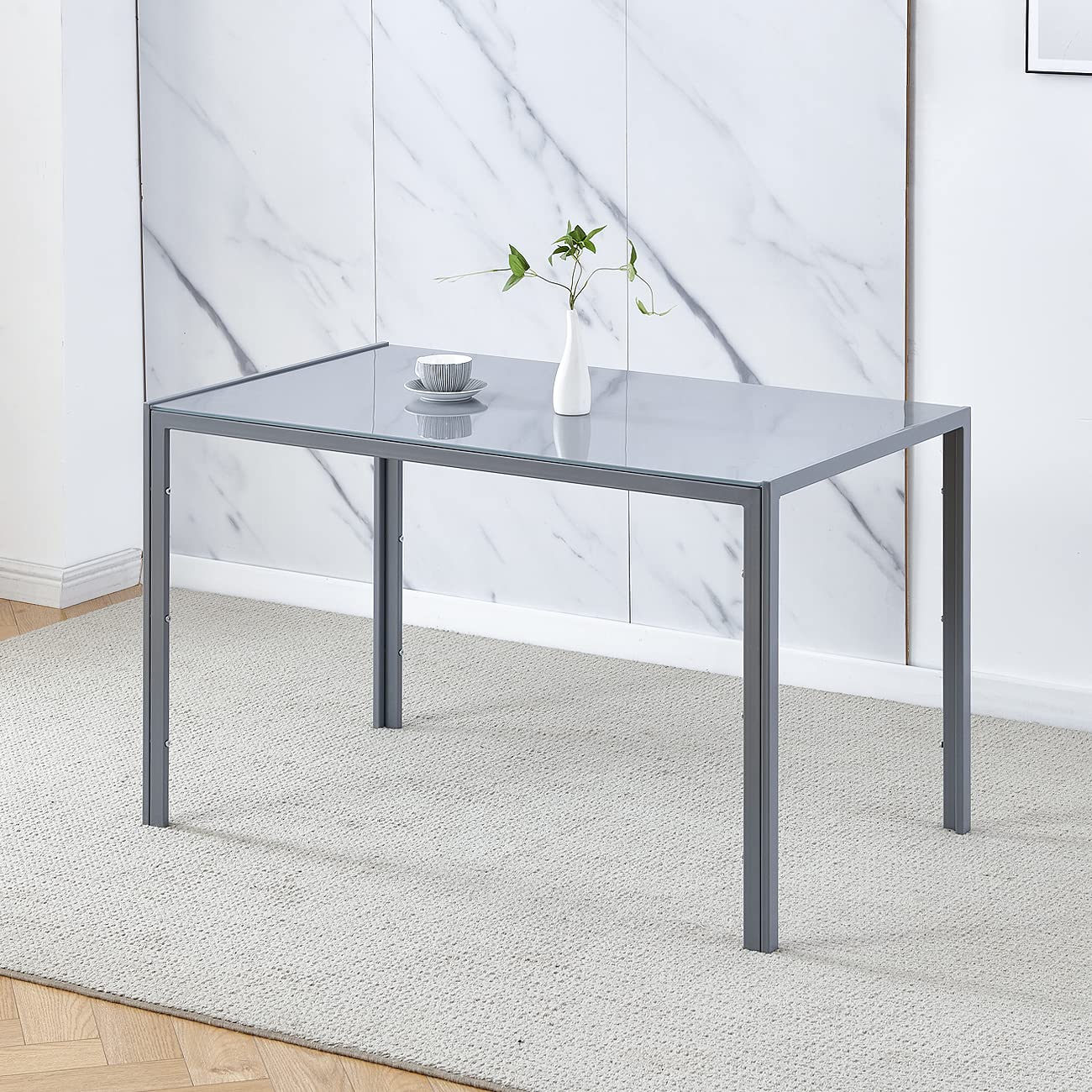 5-Piece Modern Grey Dining Set with Tempered Glass Table & 4 Velvet Chairs - Space Saving Kitchen/Dining Room Furniture for Small Apartments, Breakfast Nooks & Cozy Meals