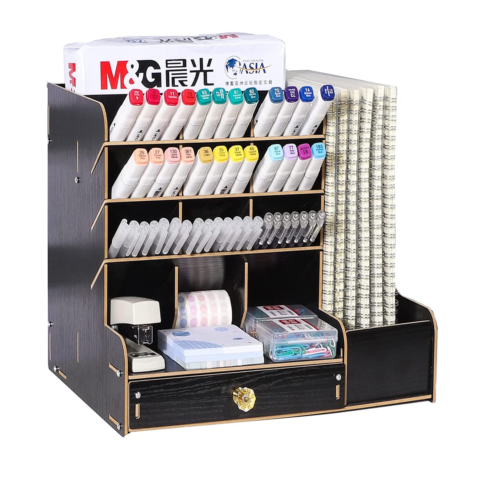 YCOCO Wooden Desk Organizer with 15 Compartments - Multi-Functional Office Stationery & Art Supplies Storage Caddy for Home & Workspace - Black (Perfect for Pens, Pencils, Scissors & Craft Organization)