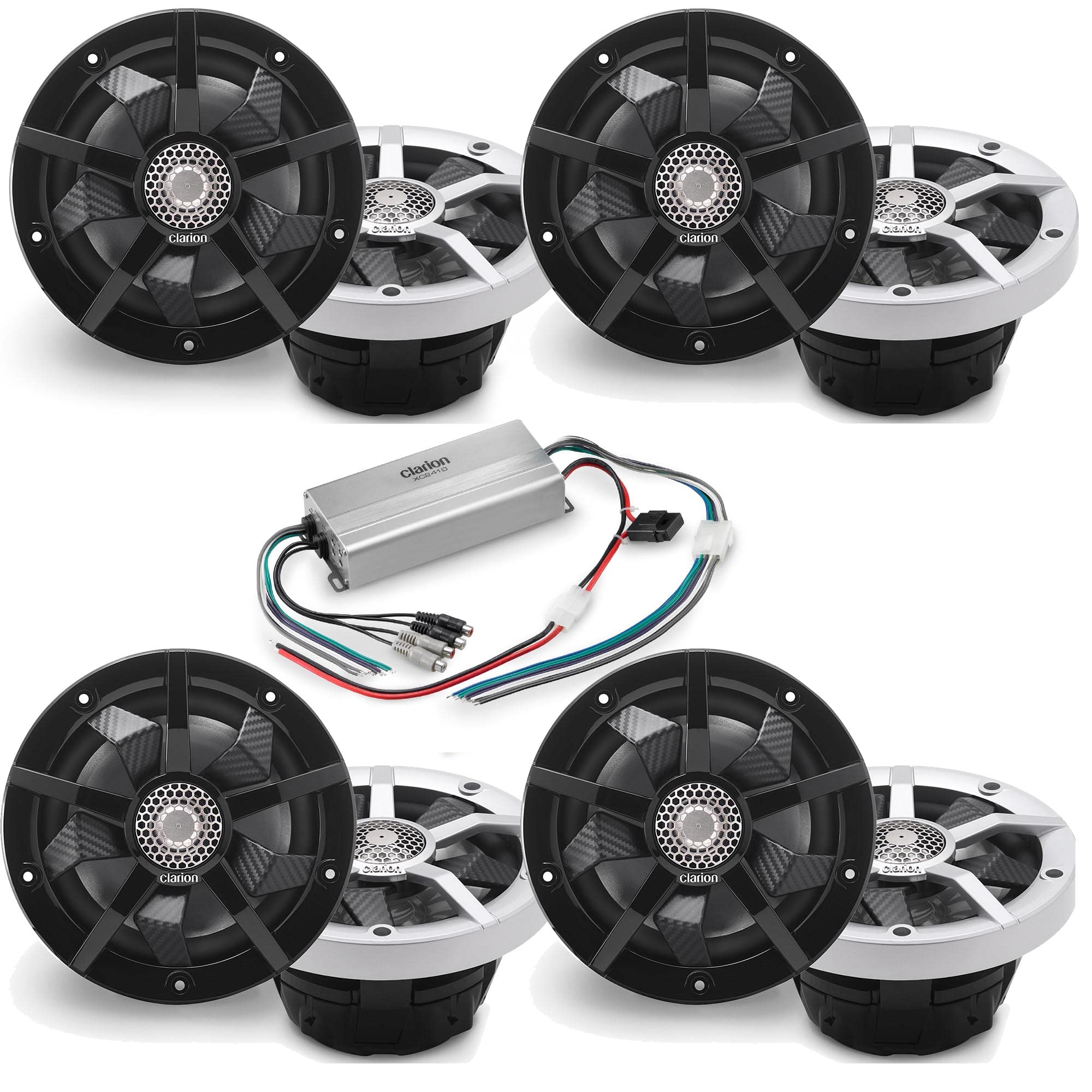Clarion Marine RGB LED Boat Speaker System - 4 Pairs CM1623RL Speakers with XC2410 Amplifier Bundle for Superior Sound & Lighting | Perfect for Boats, Yachts & Marine Entertainment Systems