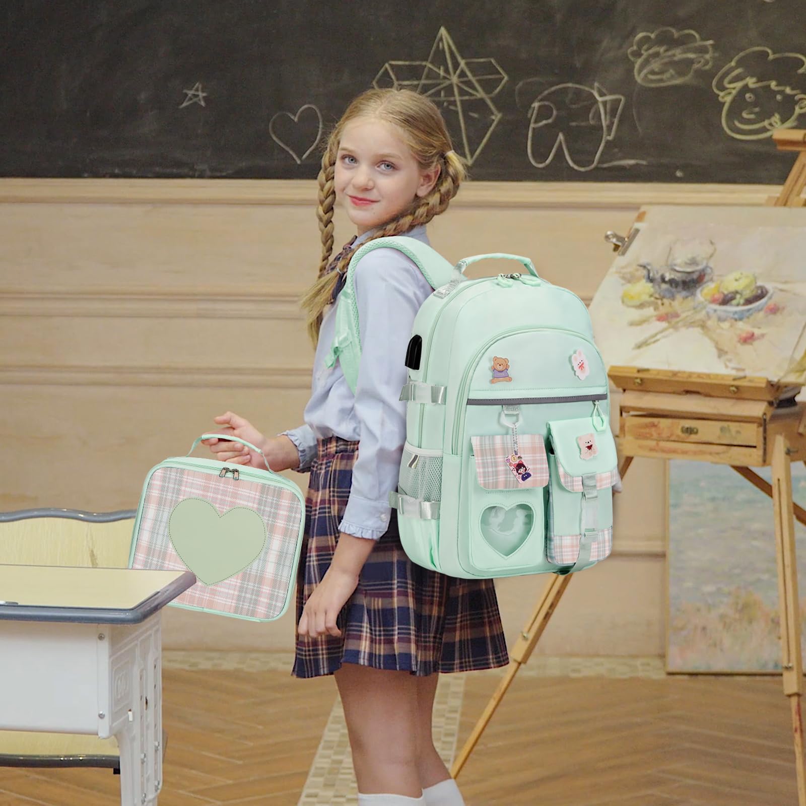 Stylish Girls Backpack for School, Travel & Daily Use - Cute Bookbag for Kids, Teens & Women - Lightweight Daypack with Lunch Box - Perfect for Elementary, Middle School & College (Green)