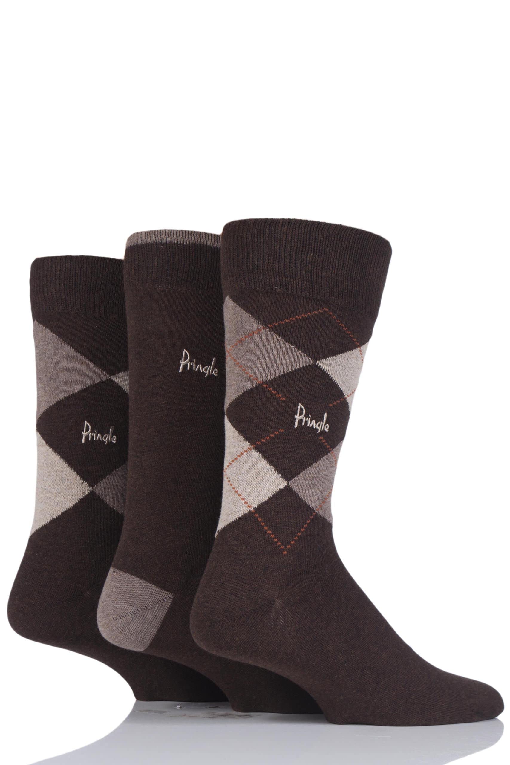 Pringle of Scotland Men's New Waverley Argyle & Plain Knit Socks - Brown (Size 7-11) L4100MBRN 2 Pack - Premium Dress Socks for Business, Office & Formal Occasions