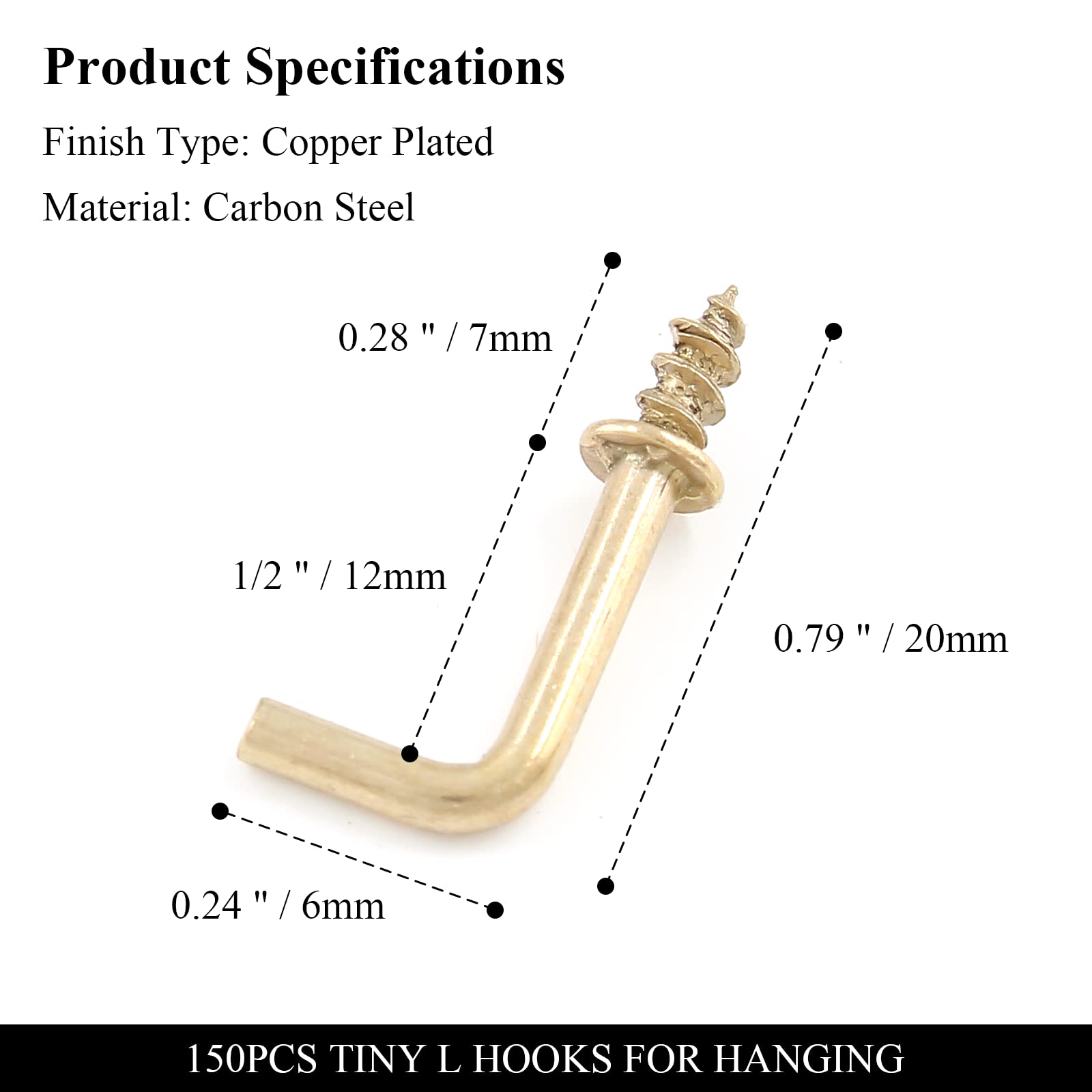 150pcs Gold L-Shaped Screw Hooks - 1/2 Inch Right Angle Hanging Hooks, Mini Square Bend Self-Tapping Metal Hooks for Wall Decor, Picture Frames, Curtains & DIY Projects - Bivethoi Tiny L Hooks