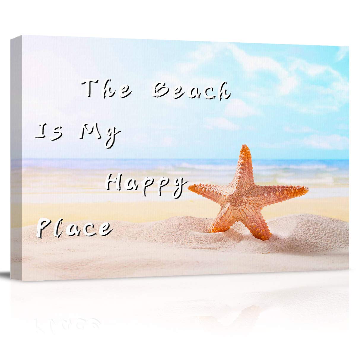 Large Canvas Wall Art 20x24 Inch - Beach Scenery Painting with Starfish, 'The Beach is My Happy Place' - Frameless Ocean Themed Decor for Living Room, Bedroom & Kitchen - Perfect for Coastal, Nautical or Vacation Home Decor