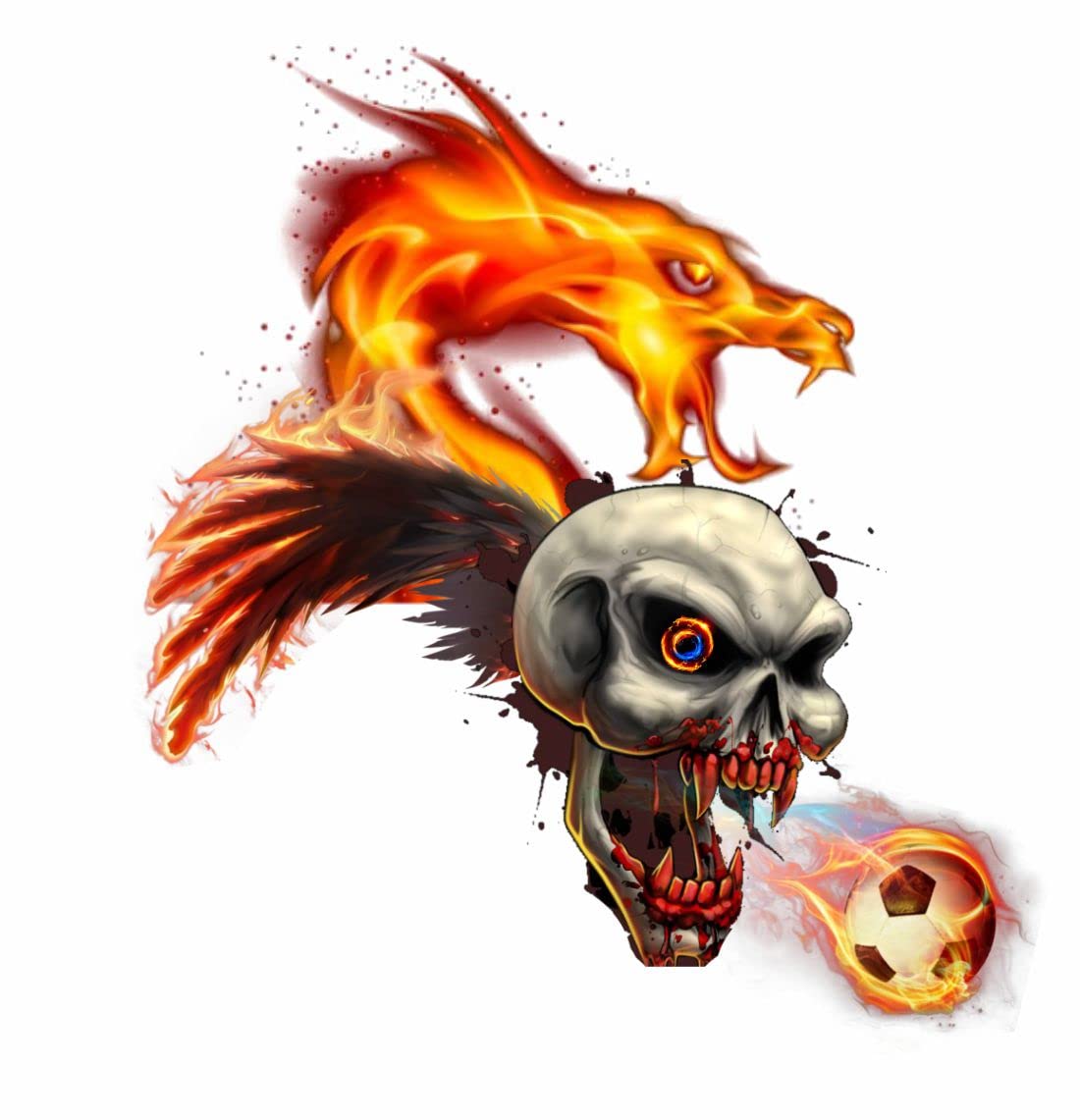 Skeleton Face with Dragon Fire Tattoo - Waterproof Temporary Tattoos for Kids & Adults - Halloween Costume, Cosplay, and Party Accessories