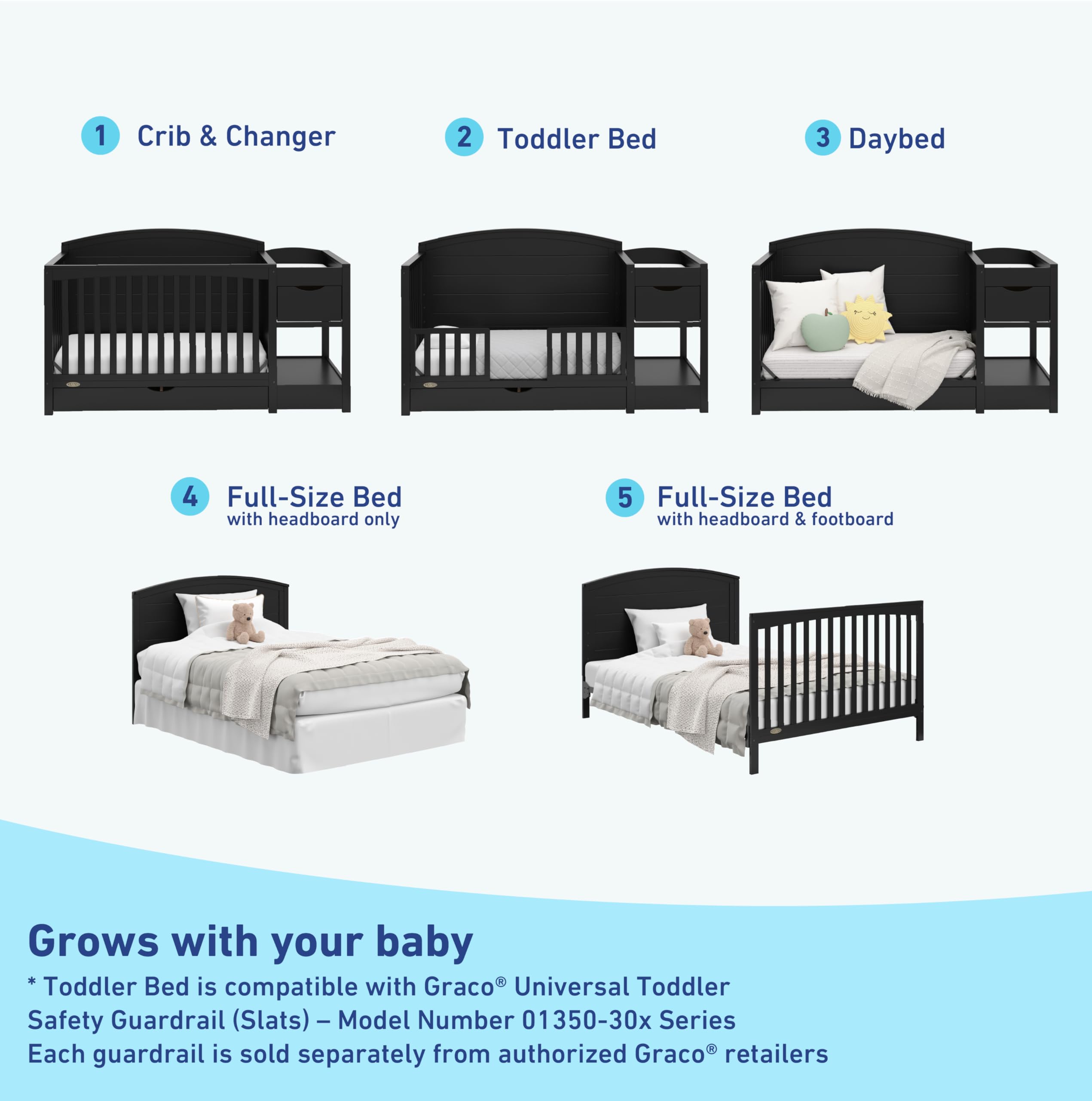 STORK CRAFT Graco Bellwood 5-in-1 Convertible Crib & Changer with Storage Drawer (Black) - GREENGUARD Gold Certified, Converts to Toddler Bed & Full Size Bed, Nursery Furniture for Baby & Kids Room, Perfect for Newborns to Teens