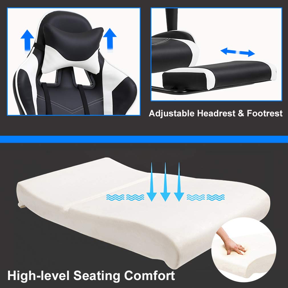 Ergonomic Gaming Chair with Lumbar Support - PU Leather PC & Office Chair, Adjustable Recliner with Massage Function, Swivel Rolling Task Chair for Adults (White) - Perfect for Home Office, Gaming Setup & Workstation Comfort