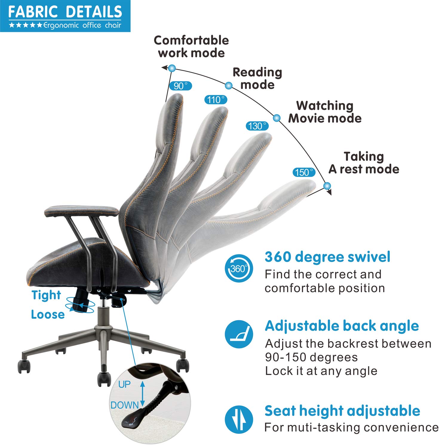 Ergonomic Office Chair - High Back Executive Desk Chair with Lumbar Support, Modern Suede Leather Computer Chair for Home & Office Workspace - Comfortable Seating for Long Hours (Grey) - Perfect for Remote Work, Gaming & Study Sessions