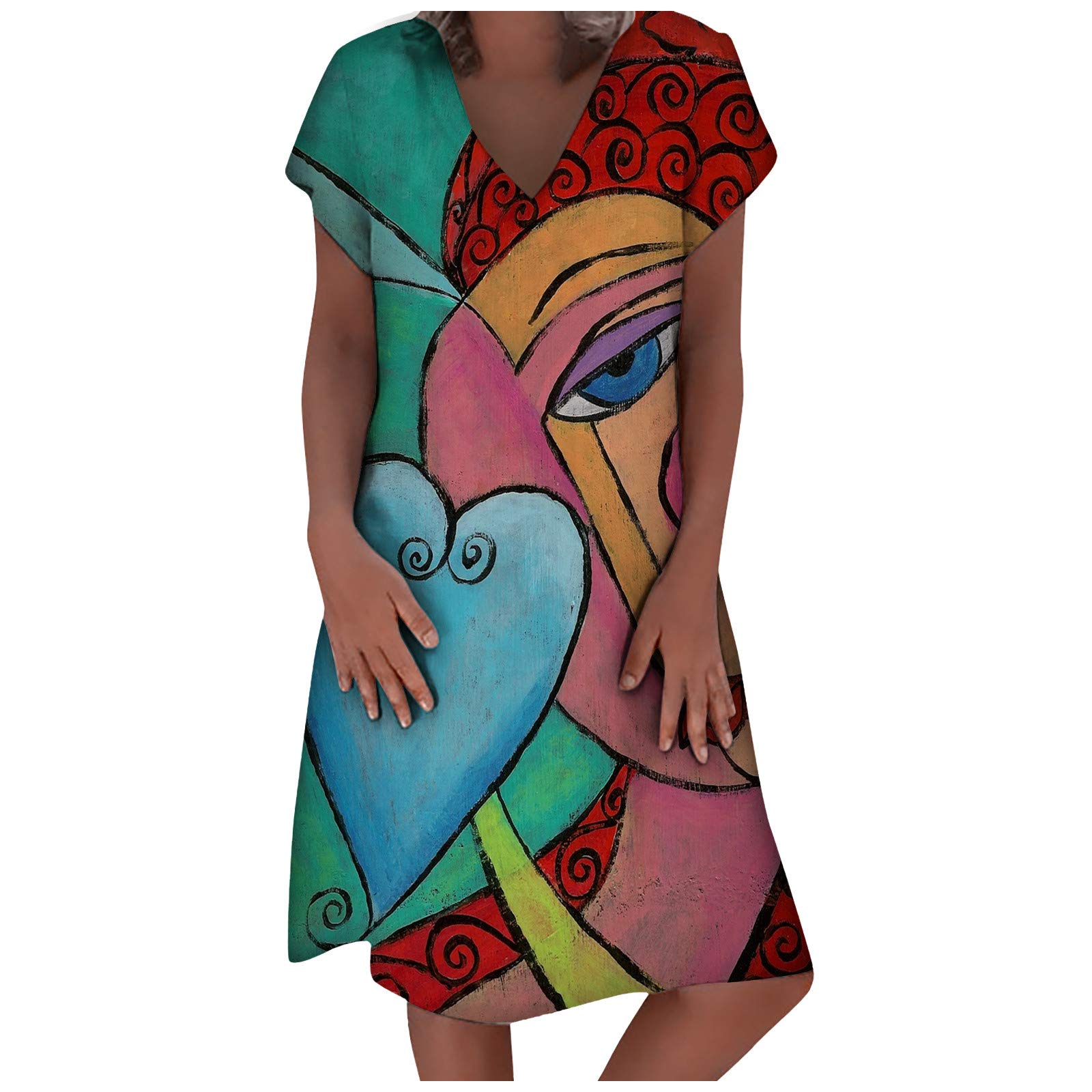Stylish Short-Sleeve V-Neck Summer Dress for Women - Flowy Plus Size Red Party Dress with Long Sleeves & Beautiful Prints | Perfect for Cocktail Parties, Date Nights & Special Occasions