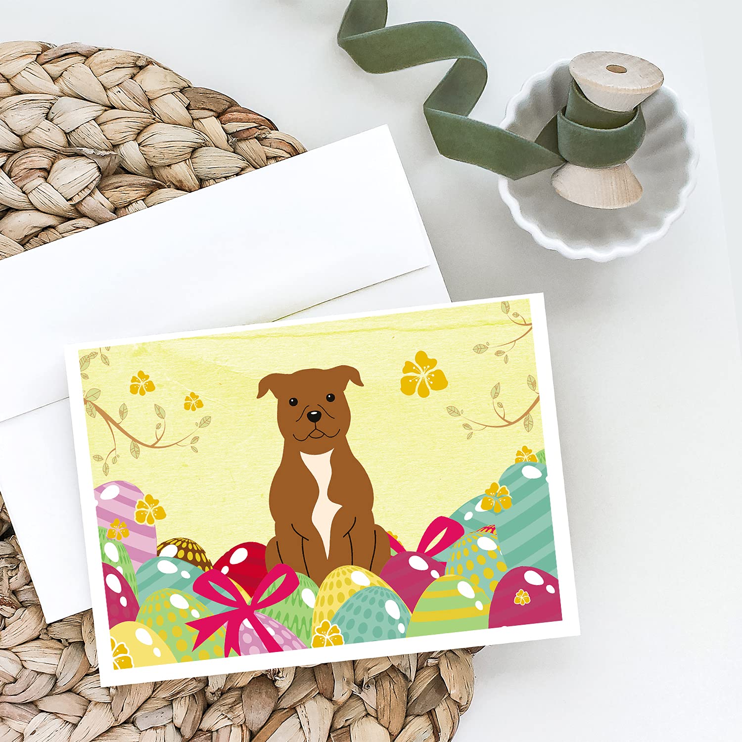 Easter Eggs Staffordshire Bull Terrier Brown Greeting Cards - Pack of 8 Blank A7 Size (5x7) Note Cards with Envelopes | Whimsical Dog Lover Stationery for Easter Gifts, Holiday Greetings & Handwritten Notes