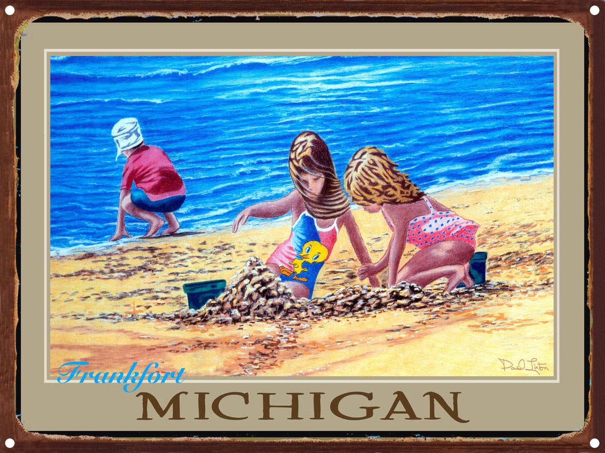 Frankfort Michigan Rustic Metal Art Print - Watercolor Painting by Artist David Linton - 8.5x11.5 Inches - Vintage Wall Decor for Cabin, Lake House or Office