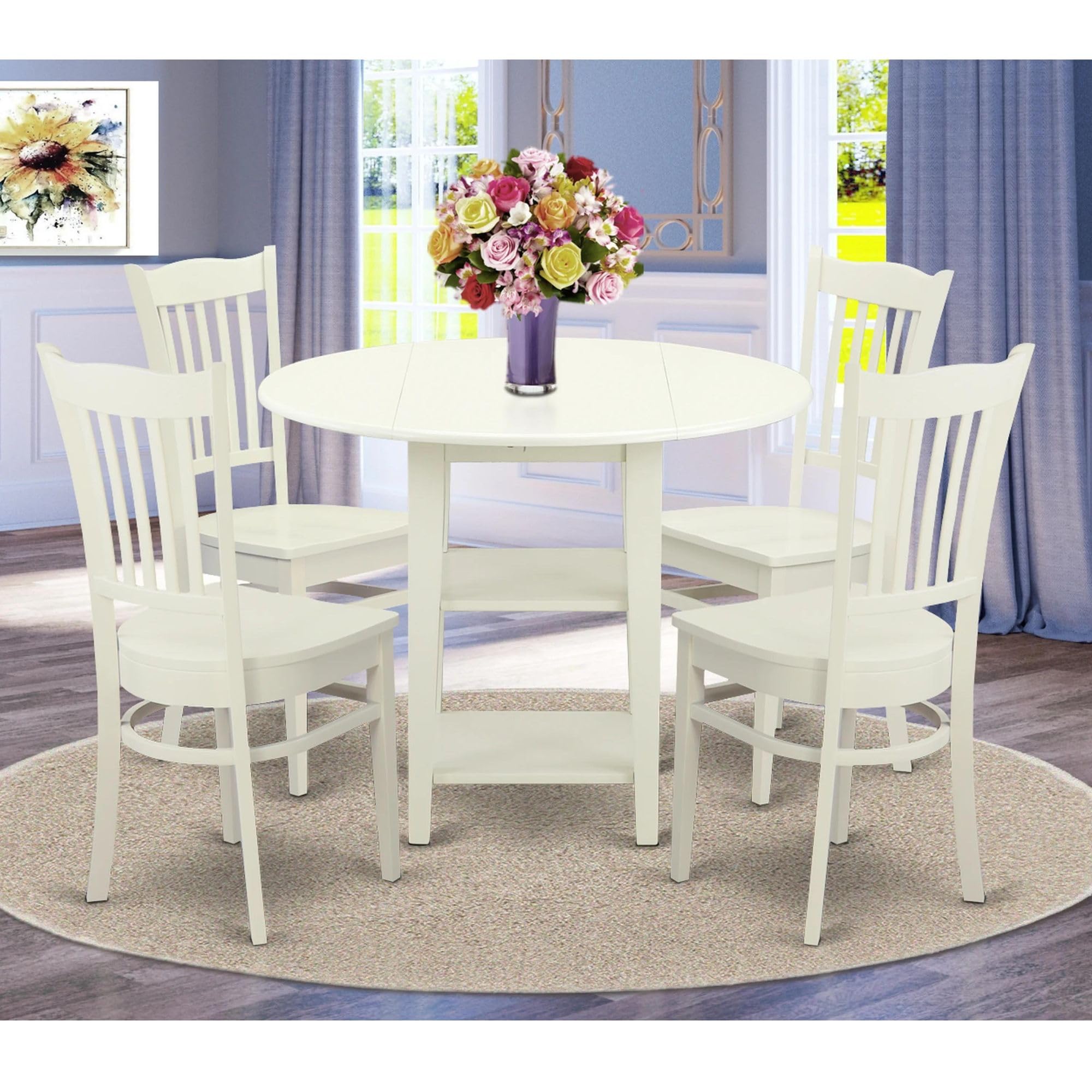 East West Furniture SUGR5-LWH-W 5-Piece Round Dining Table Set with Drop Leaf & Storage Shelves - Includes 42x42 Inch Kitchen Table & 4 Chairs, Linen White - Perfect for Small Spaces, Breakfast Nooks & Cozy Apartments