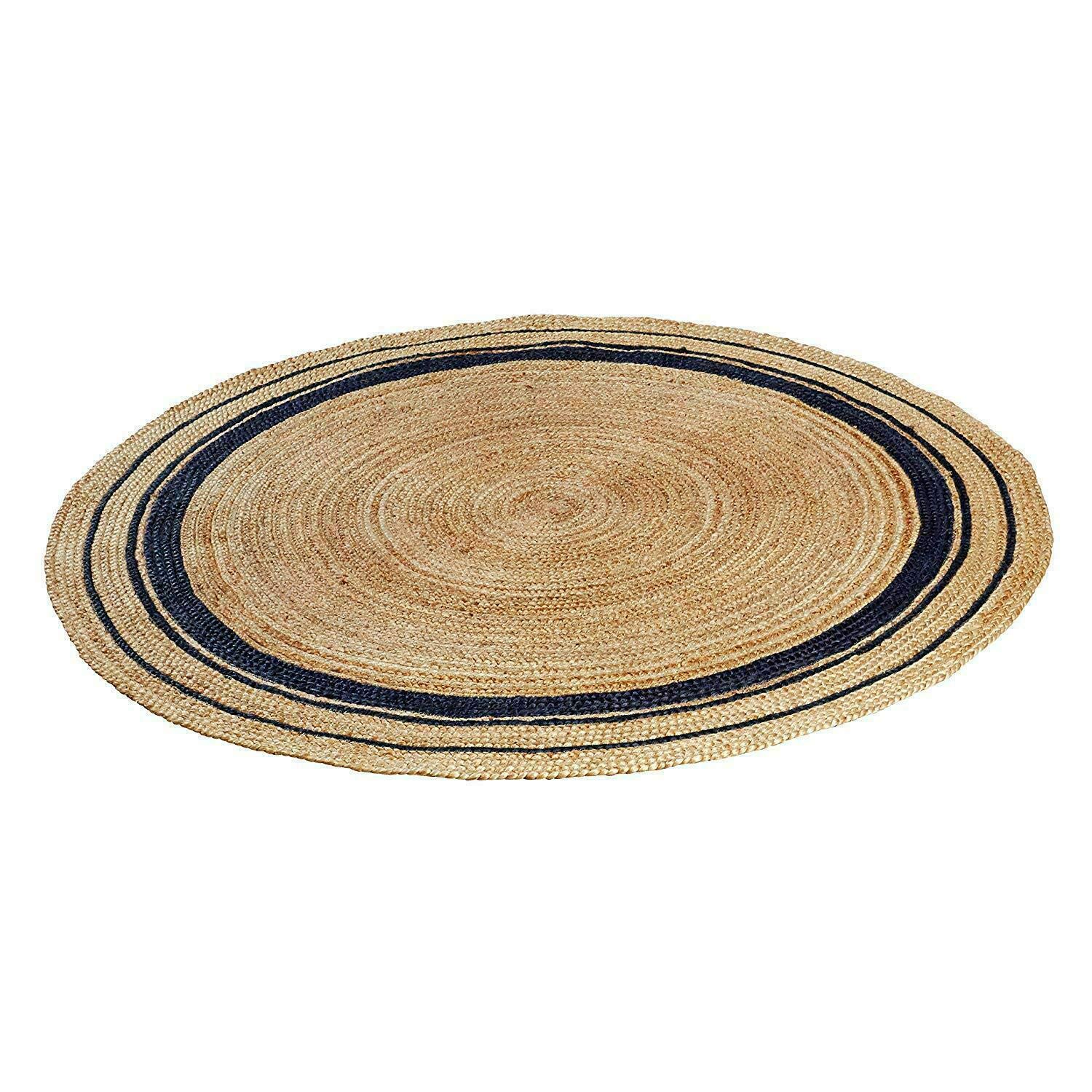 Handmade Natural Jute Round Area Rug with Black Line - 3x3 Feet Braided Beige Rug for Boho Living Room, Bedroom & Home Decor | Eco-Friendly Floor Mat for Yoga, Meditation & Cozy Spaces (VP JR51)