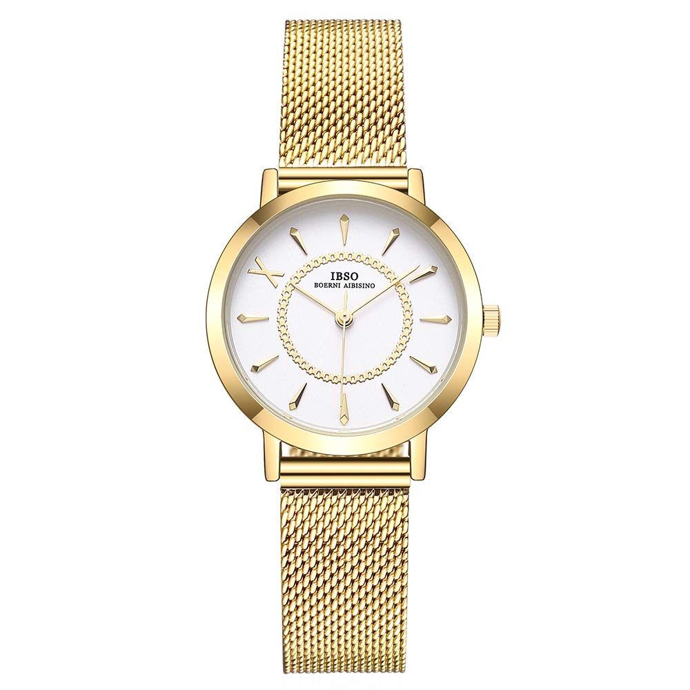 IBSO Women's Stainless Steel Mesh Band Watch - Gold Quartz Wristwatch with Waterproof Design for Everyday Wear & Fashion Accessories | Perfect for Office, Dating & Special Occasions