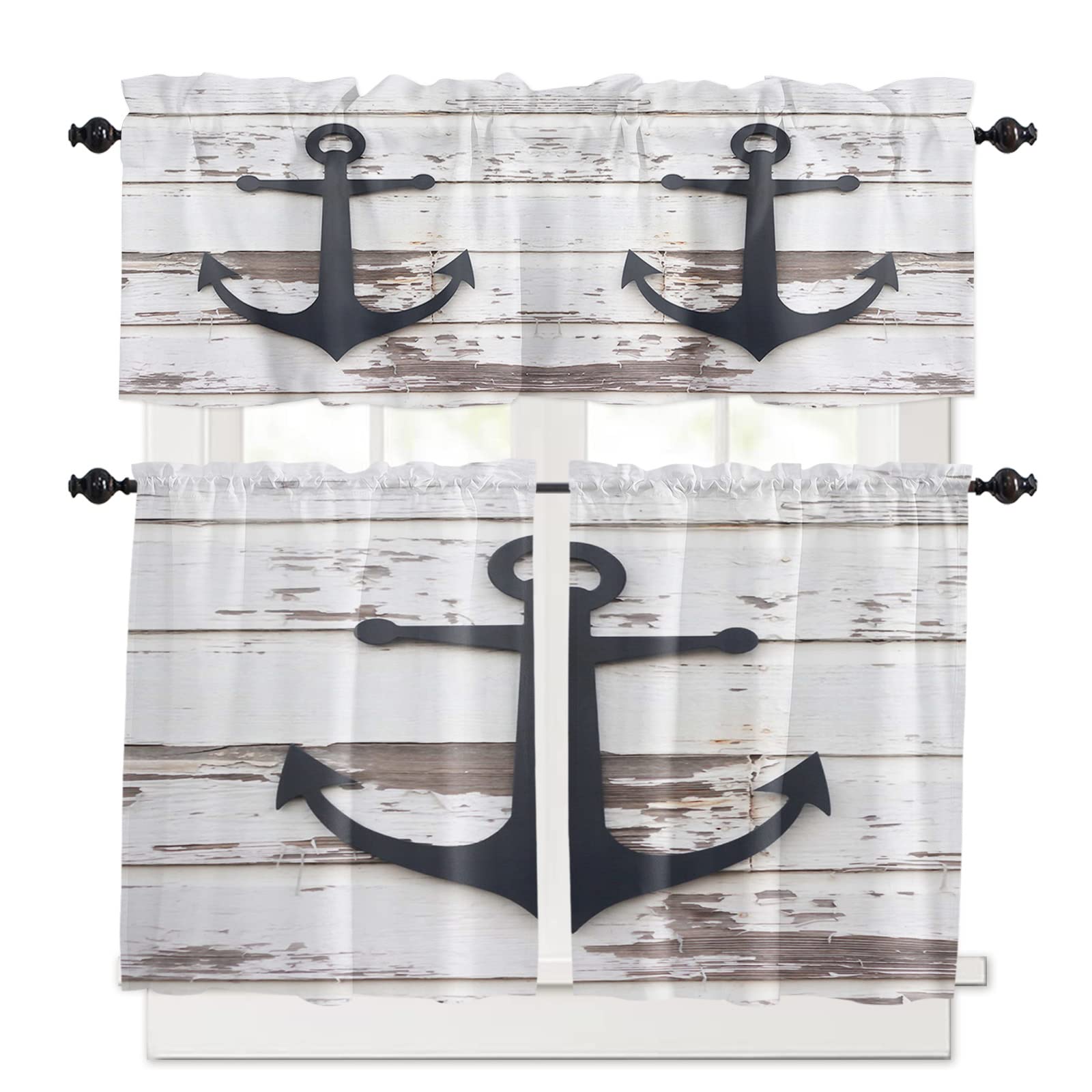 Nautical Anchor 3-Piece Kitchen Curtain Set with Rod Pocket - Washable Marine Themed Window Valance & Tier Panels - Rustic Wood Design for Coastal, Beach House or Cottage Decor - Perfect for Kitchen, Dining Room or Bathroom Windows