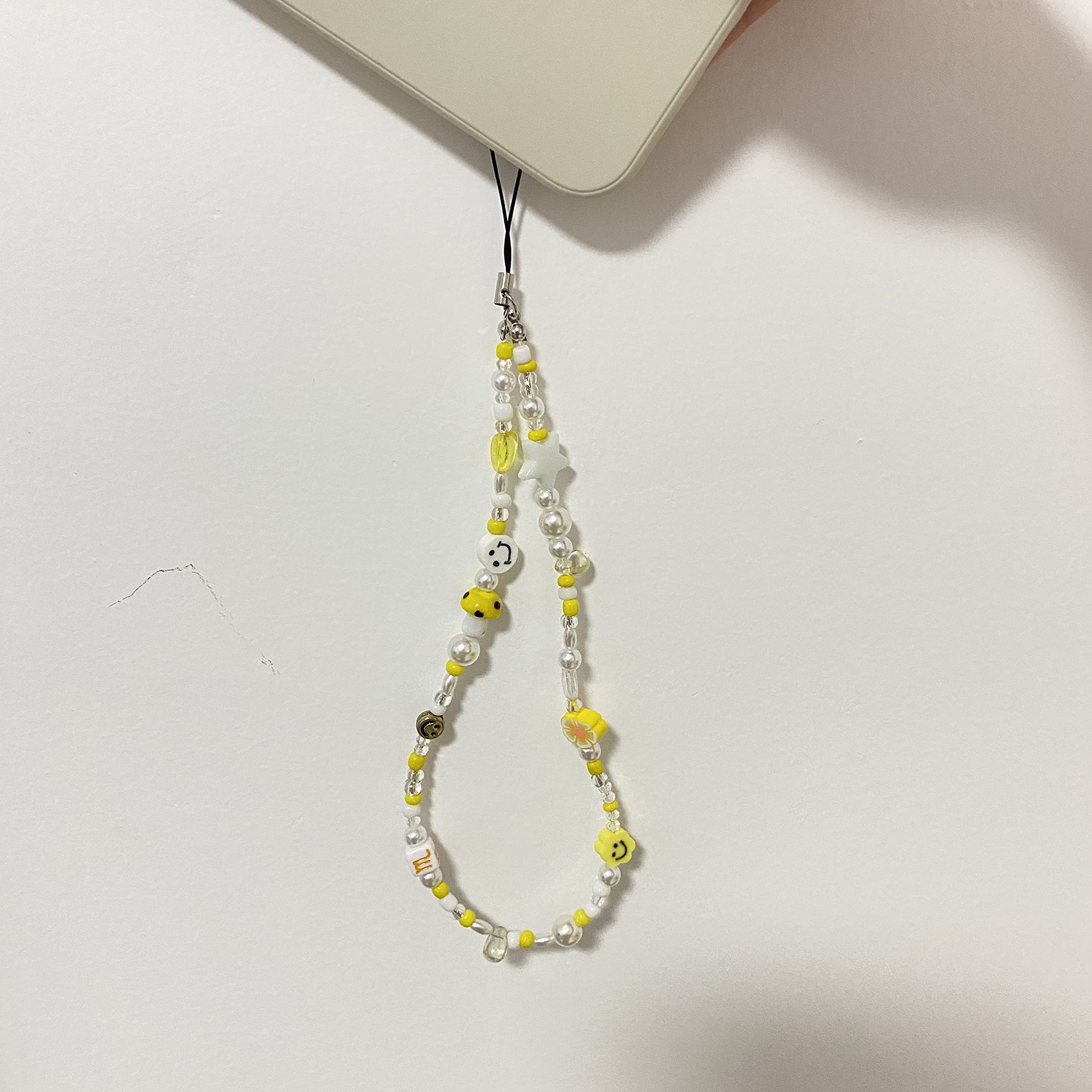 Beaded Phone Charm & Lanyard Wrist Strap - Polymer Clay Smiley Face Beads Bracelet Keychain Jewelry for Cell Phones - Perfect for Teens, Girls, Office & School Accessories
