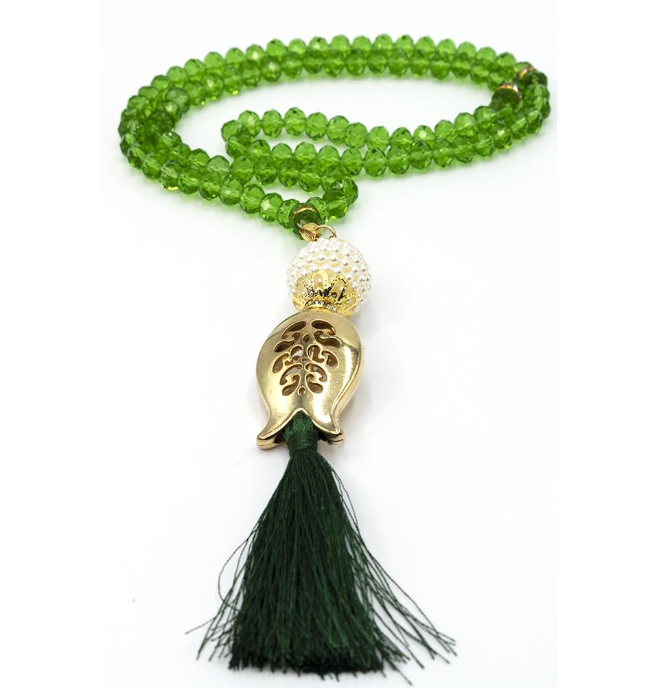 Premium Islamic Tesbih - 99 Count Acrylic Crystal Cut Prayer Beads with Elegant Tulip Tassel in Emerald Green | Perfect for Daily Dhikr, Meditation & Spiritual Gifts