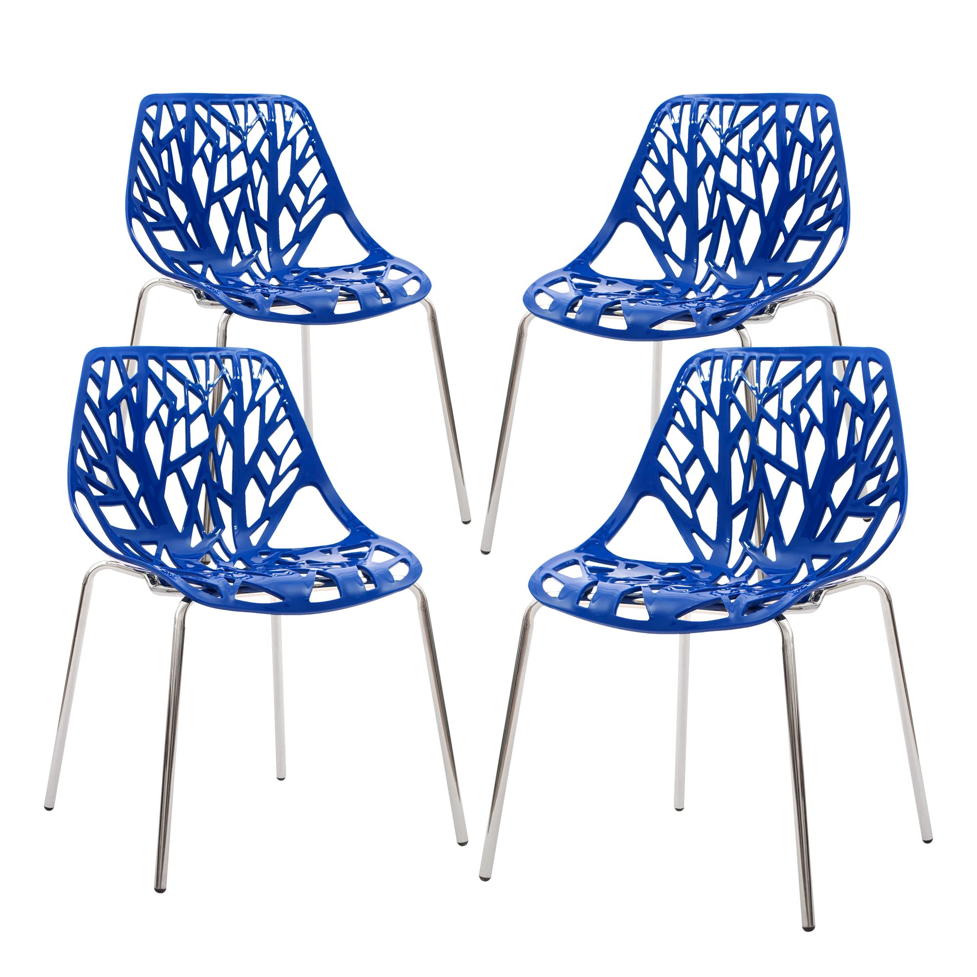Modern Mid-Century Plastic Shell Hollow Out Chair with Metal Legs - Set of 4 Blue Chairs for Living Room, Bedroom, Kitchen, Dining & Office Waiting Area | Stylish Seating for Home & Commercial Spaces