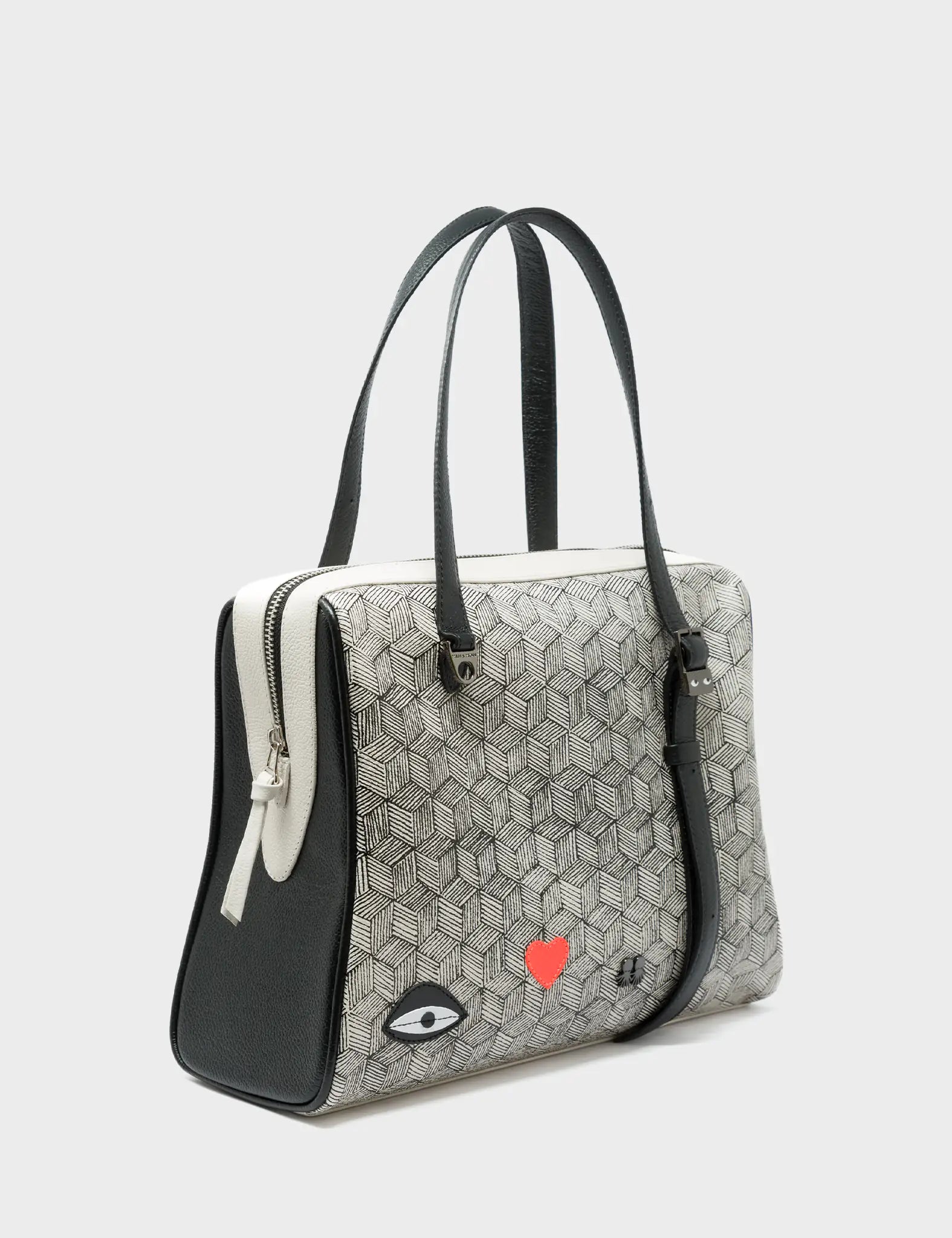 Esther Cream and Black Satchel Handbag with Cubes Design - Stylish Crossbody Purse for Women, Perfect for Work, Travel and Everyday Use