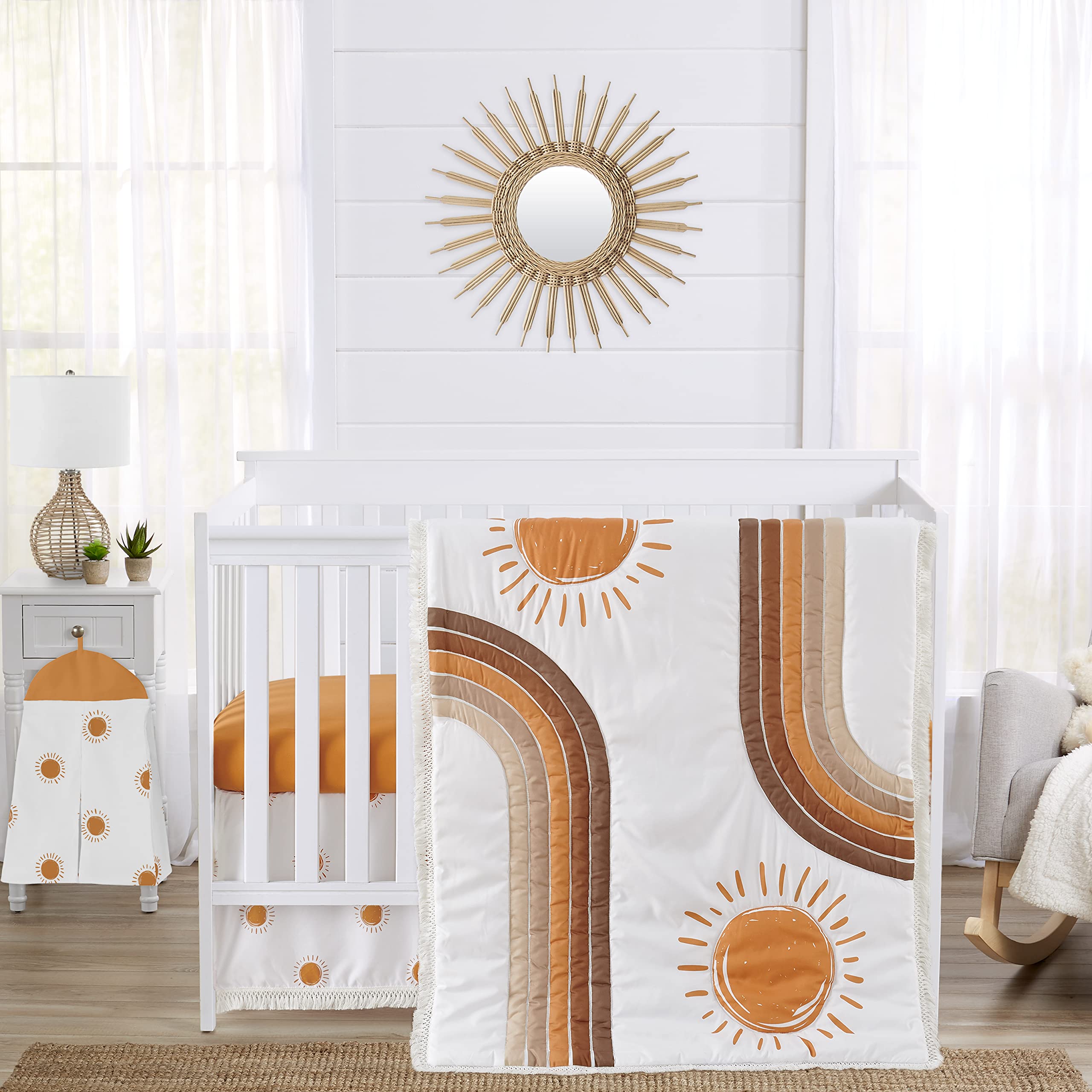 Sweet Jojo Designs Rainbow Vintage Boho Sun Nursery Crib Bedding Set - Gender Neutral Baby Boy & Girl Bedding in Pumpkin, Rust Orange, Taupe Brown & White - Perfect for Bohemian, Desert & Nature Themed Nurseries